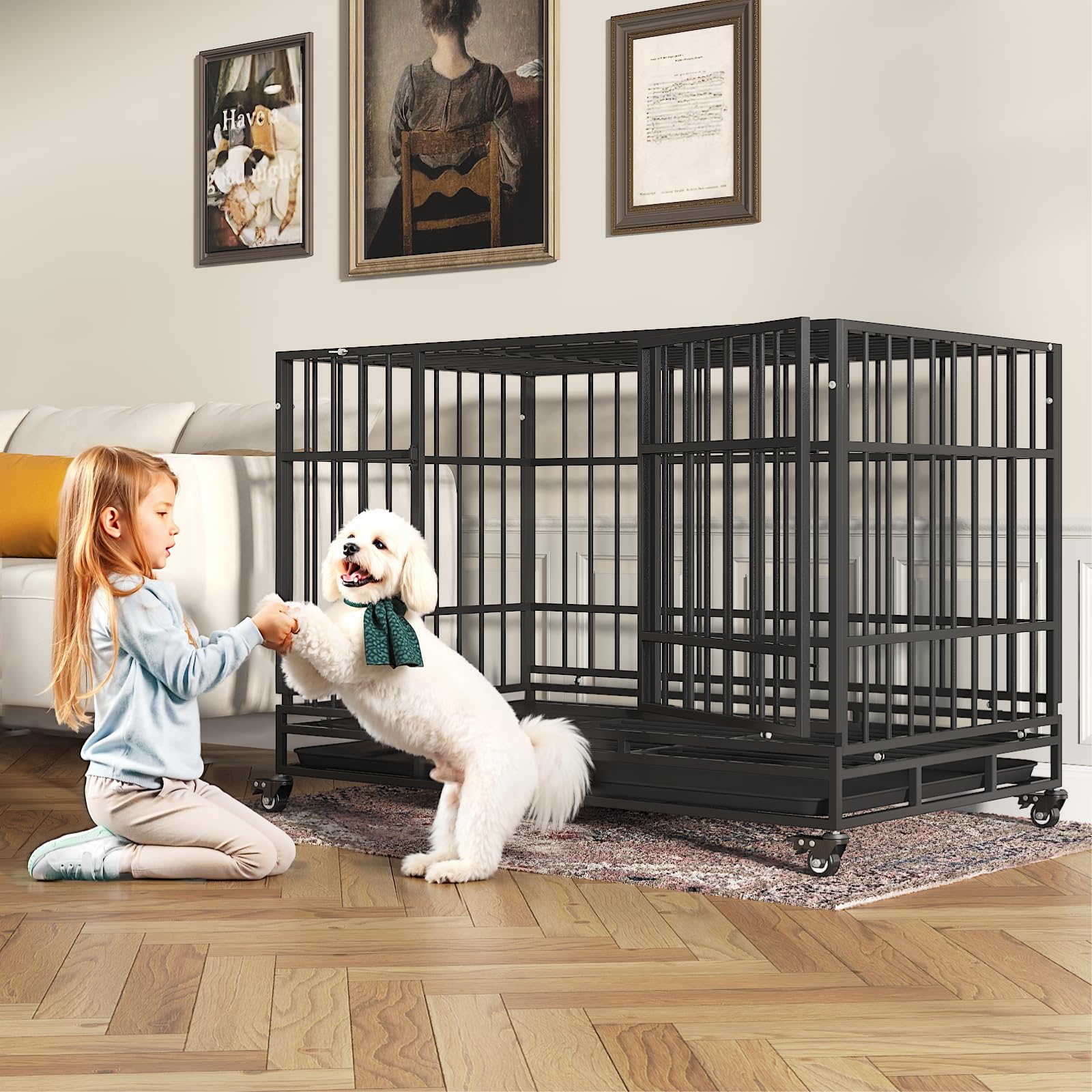 Timhaka 48 Inch Heavy Duty Dog Crates For Large Dogs, Escape Proof Dog Cage, Self-Locking Latch, Dog Kennel Indoor With 4 Lockab