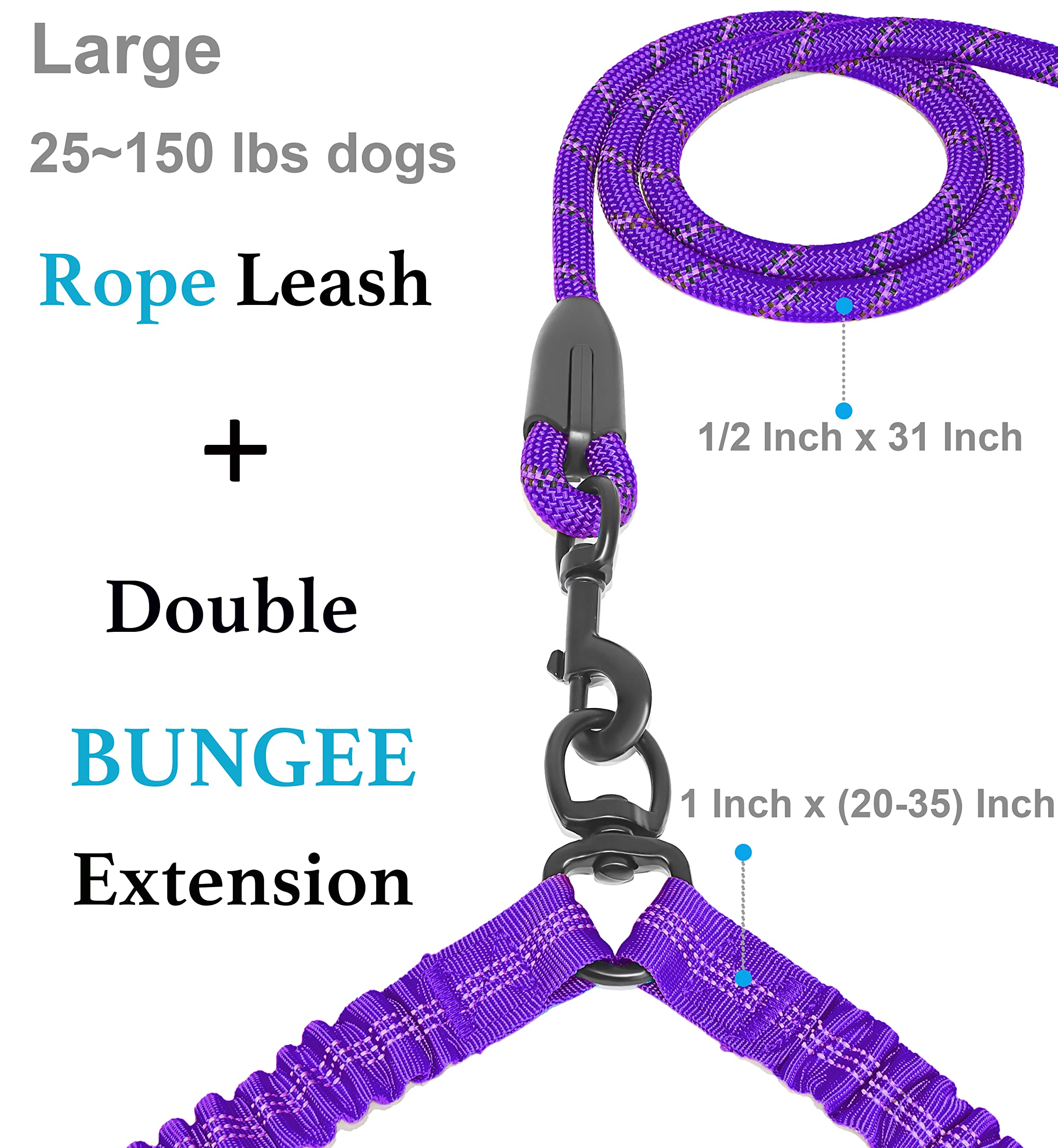 Iyoshop Dual Dog Leash, Double Dog Leash, 360 Swivel No Tangle Walking Leash, Shock Absorbing Bungee For Two Dogs, Purple, Large (25-150 Lbs)