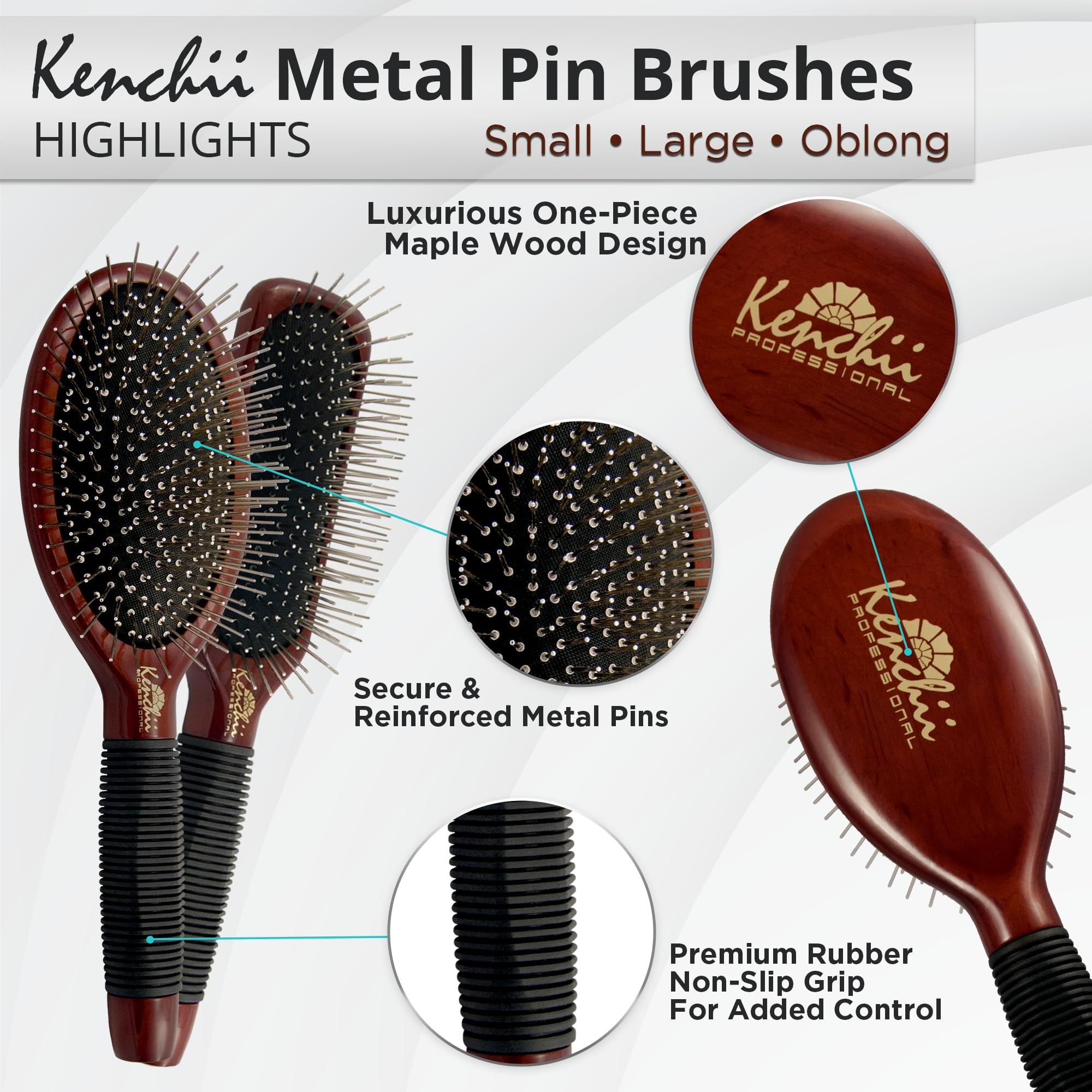 Kenchii Pet Grooming Metal Pin Brush - Solid Wood, Non-Slip Grip, Oblong Size for Long/Short Haired Pets, Berry Color