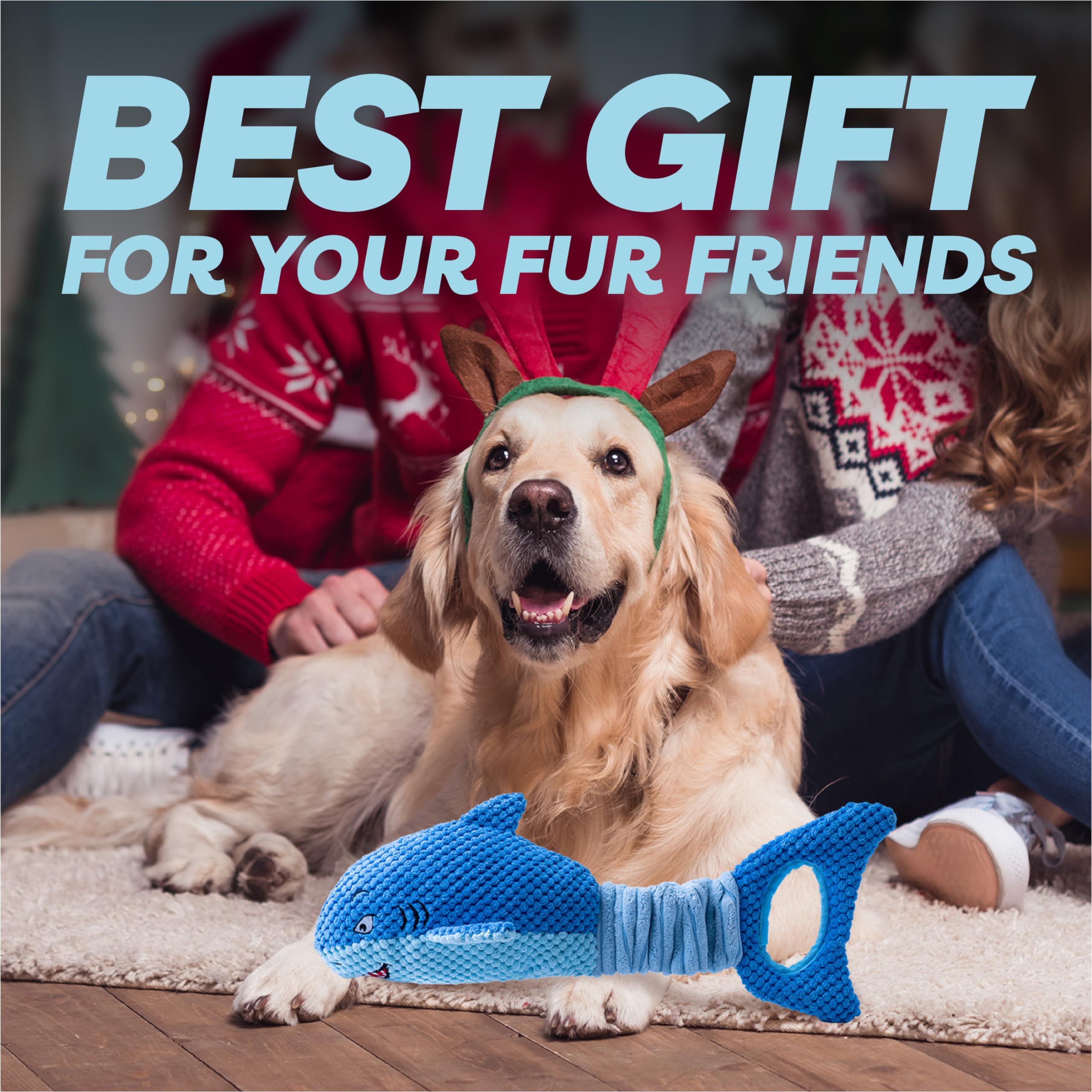 LEGEND SANDY Interactive Squeaky Dog Toy for Aggressive Chewers, Large Crinkle Tug Toy, Blue Shark, Polyester Material