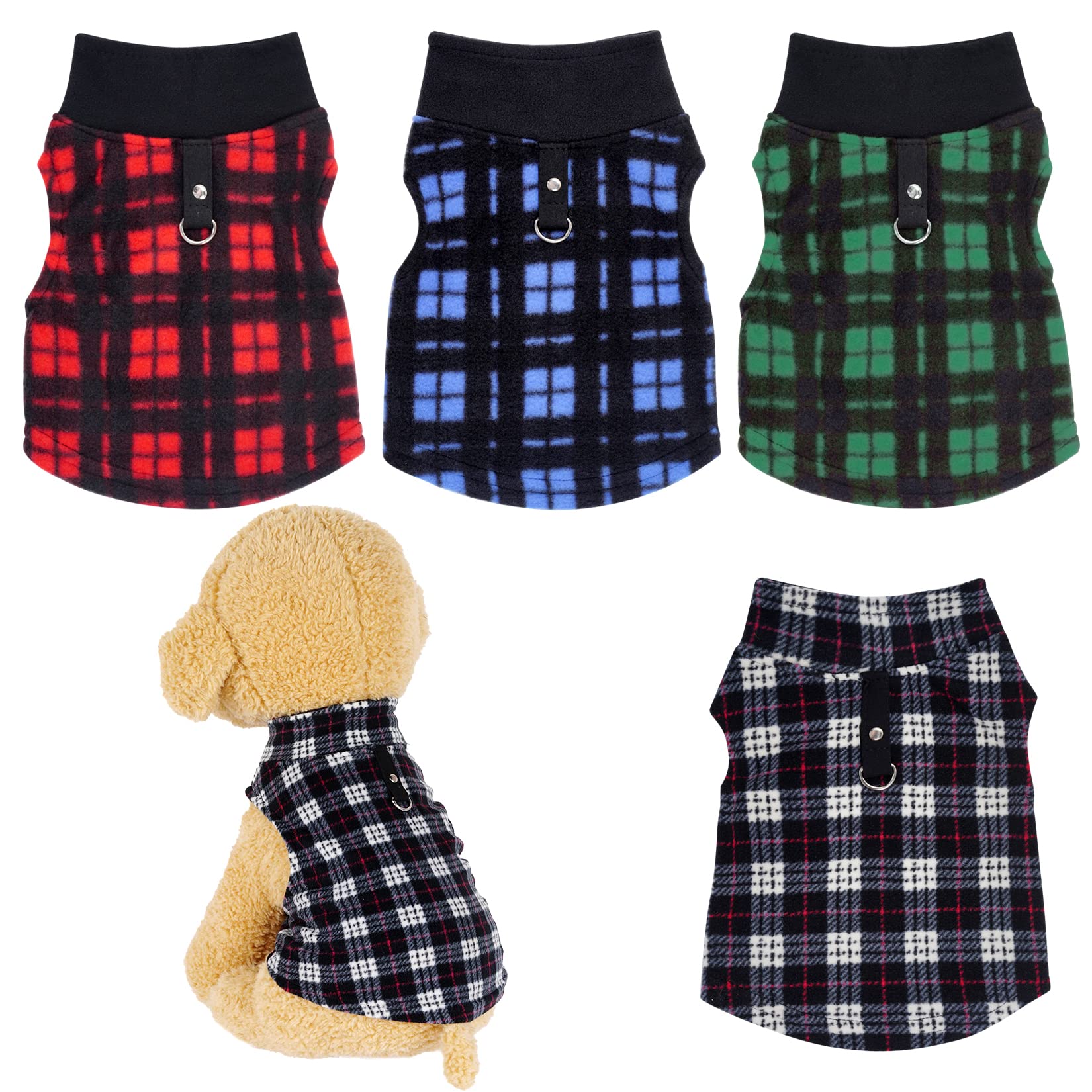 Rbenxia 4 Pieces Buffalo Plaid Dog Sweaters with Leash Ring Soft Fleece Vest Dog Pullover Warm Jacket Pet Dog Clothes Winter Dog