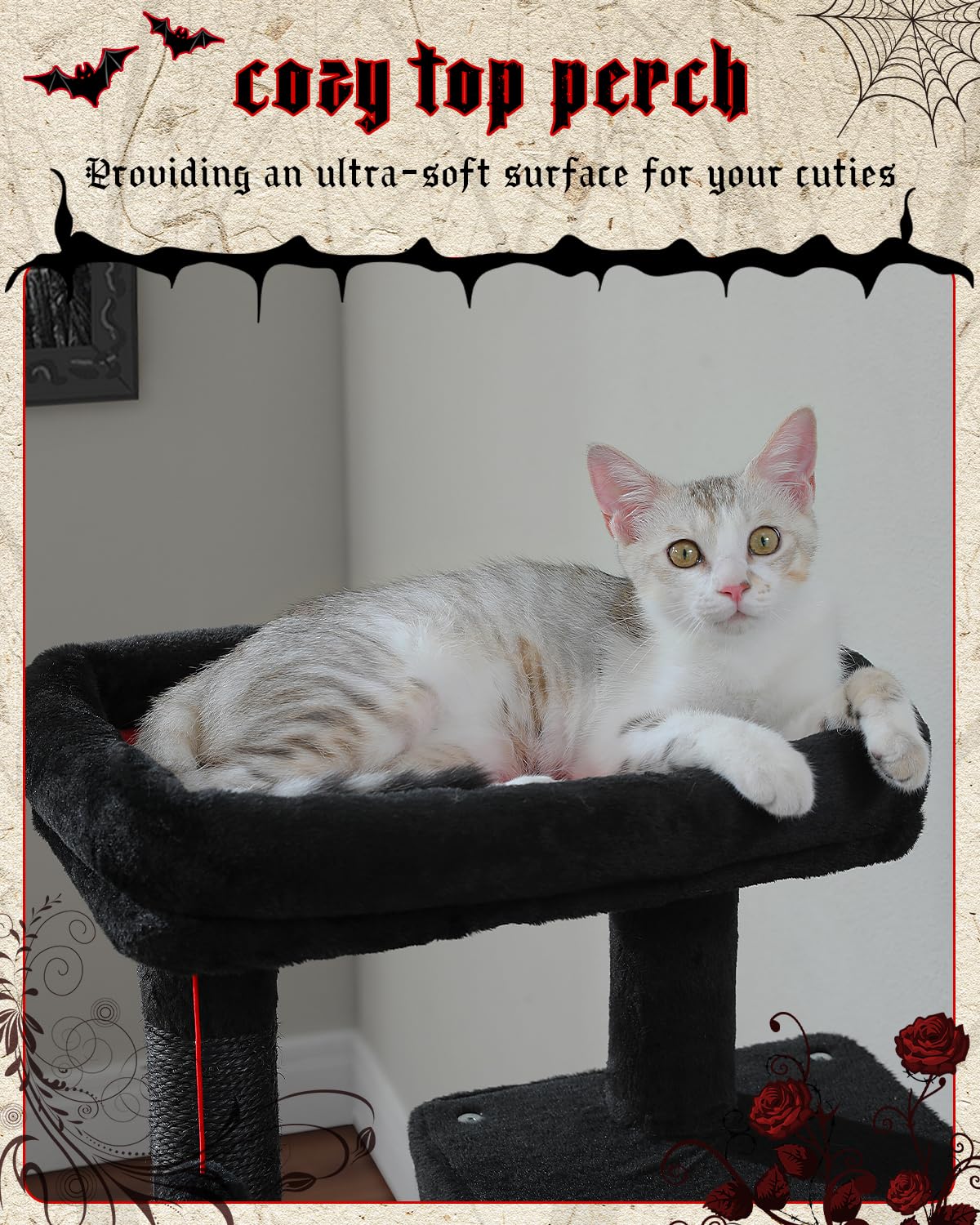 Muttros Gothic Cat Tree With Super Large Hammock, 45.7' Black Cat Tower With Coffin Bed, Cat Condo, Sisal Scratching Posts & Top Perch, Multi-Level Goth Cat Tree, Halloween, Black