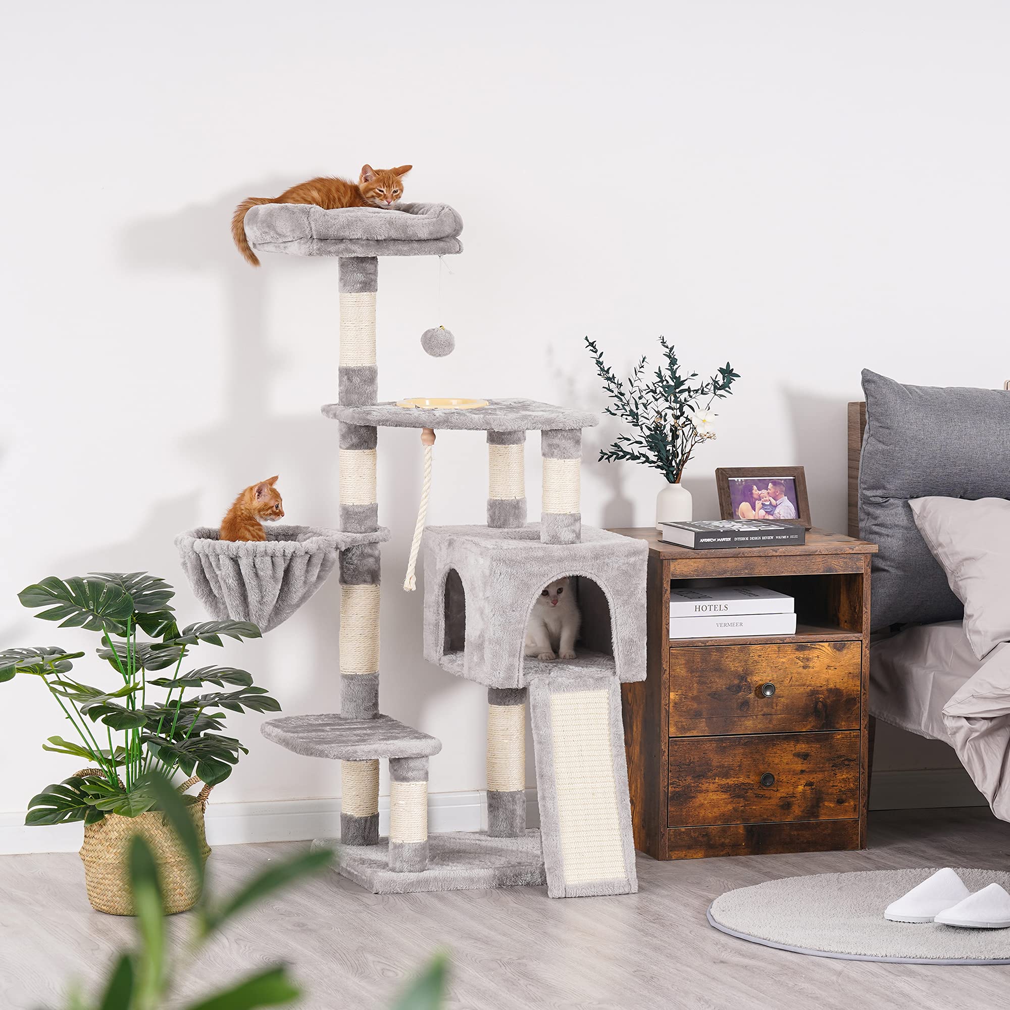 Heybly Cat Tree, Cat Tower For Indoor Cats With Scratching Board, Multi-Level Cat Furniture Condo With Feeding Bowllight Gray Hct010W
