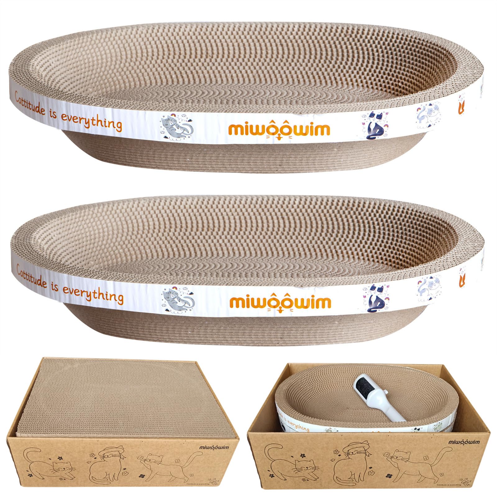 Miwoowim 4Pcs 2 Cat Scratcher Bowl +1 Corrugated Scratch Pad With Box+ 1 Brush,Oval Shape Cat Scratcher Cardboard Bed, Scratchin