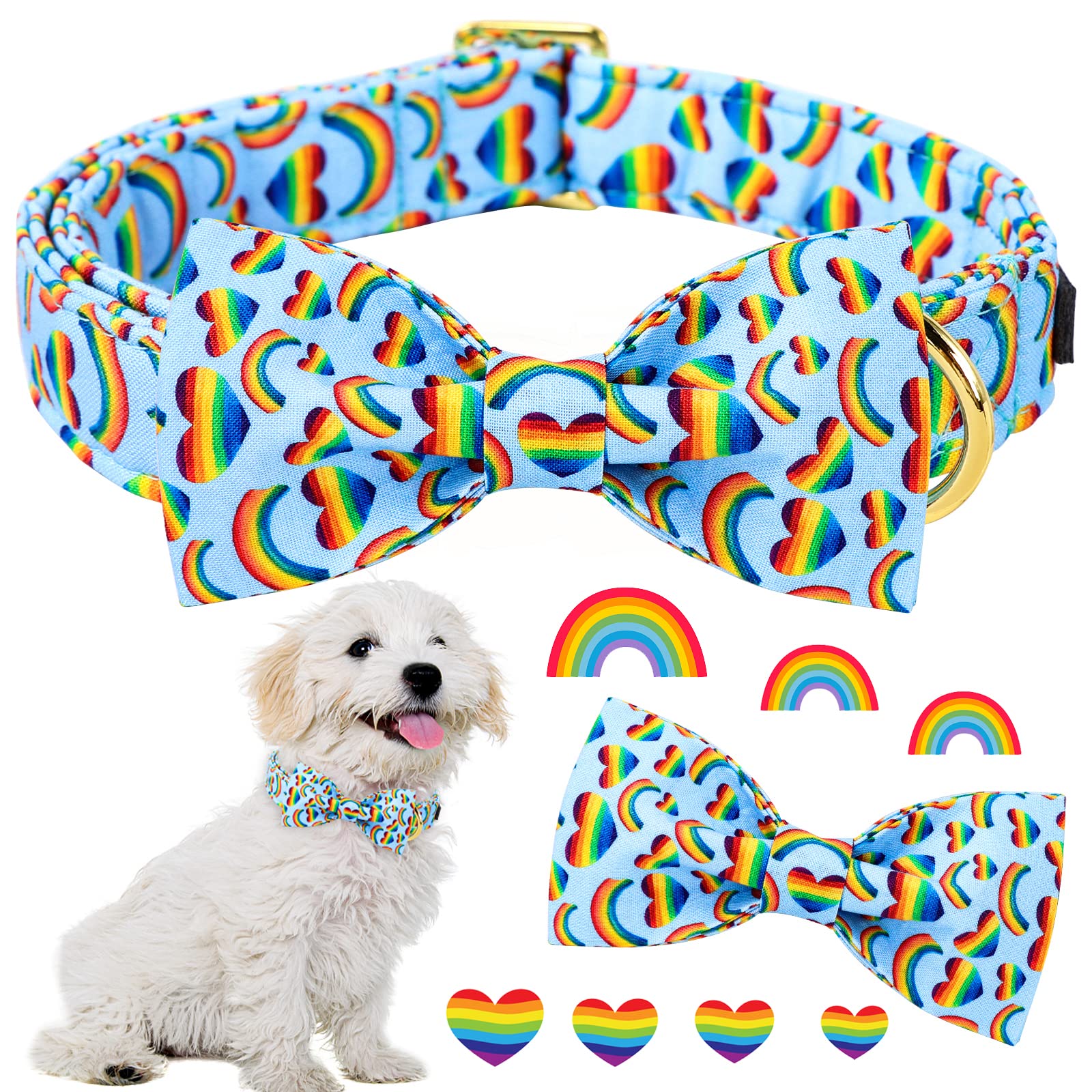 Aring Pet Lgbtq Dog Collar, Cotton Rainbow Heart Dog Collar With Bow, Adjustable Pride Dog Collar Bowtie With Metal Buckle For S