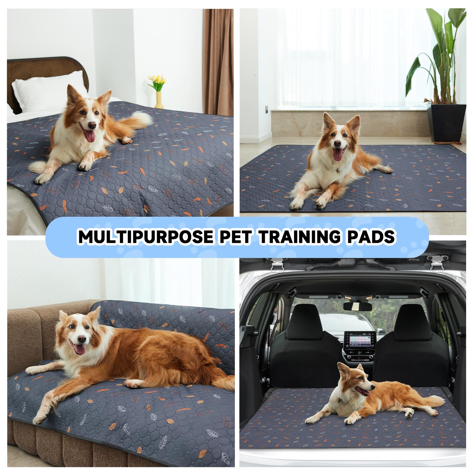 Sunheir Washable Dog Pee Pads 4-Pack, Waterproof, Non-Slip, 18x24 Inch, Leaves - Deep Grey, Model F-U1