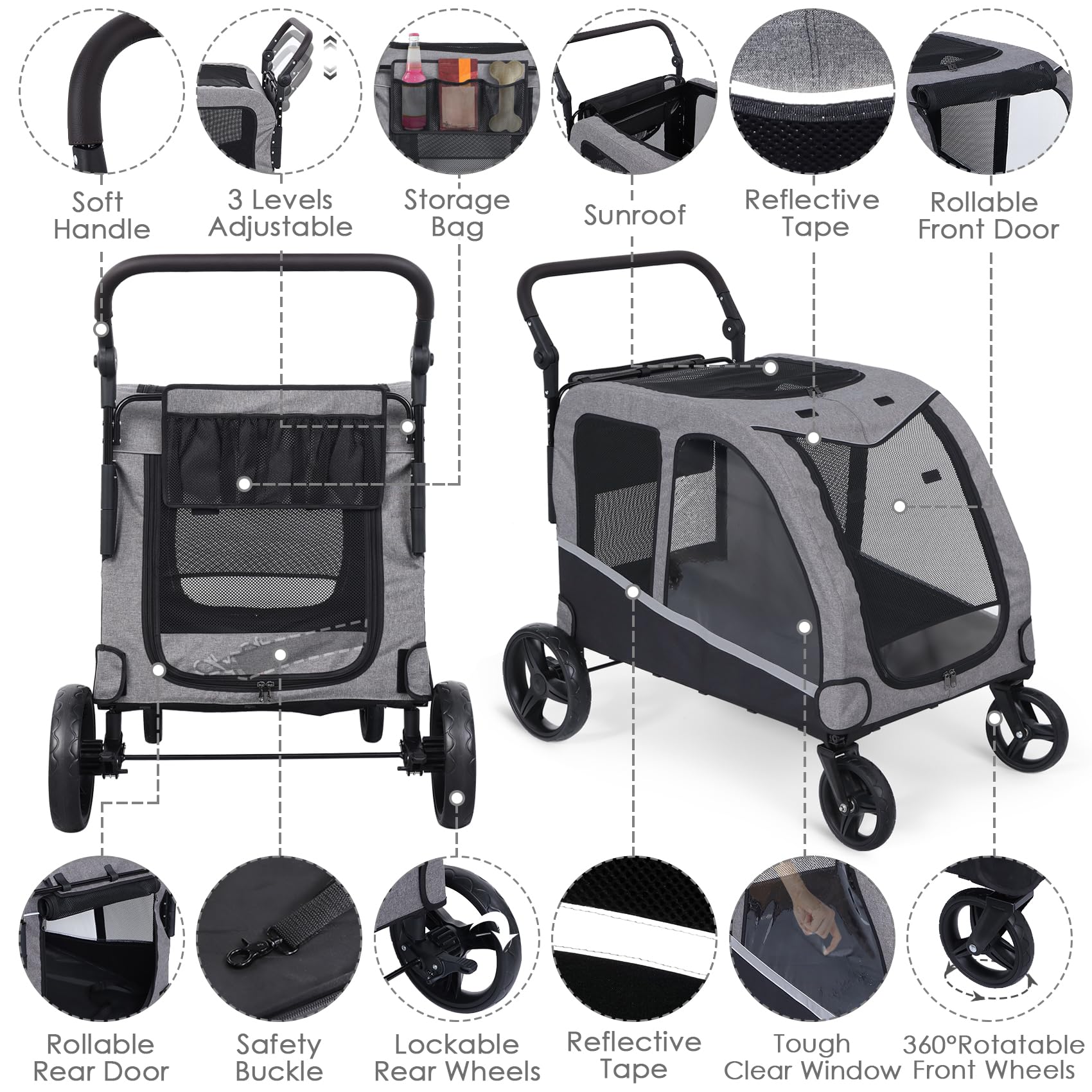 Saudism Large Dog Stroller - Foldable, Adjustable Handle, Gray - Supports Up to 130 lbs, for Medium & Large Dogs