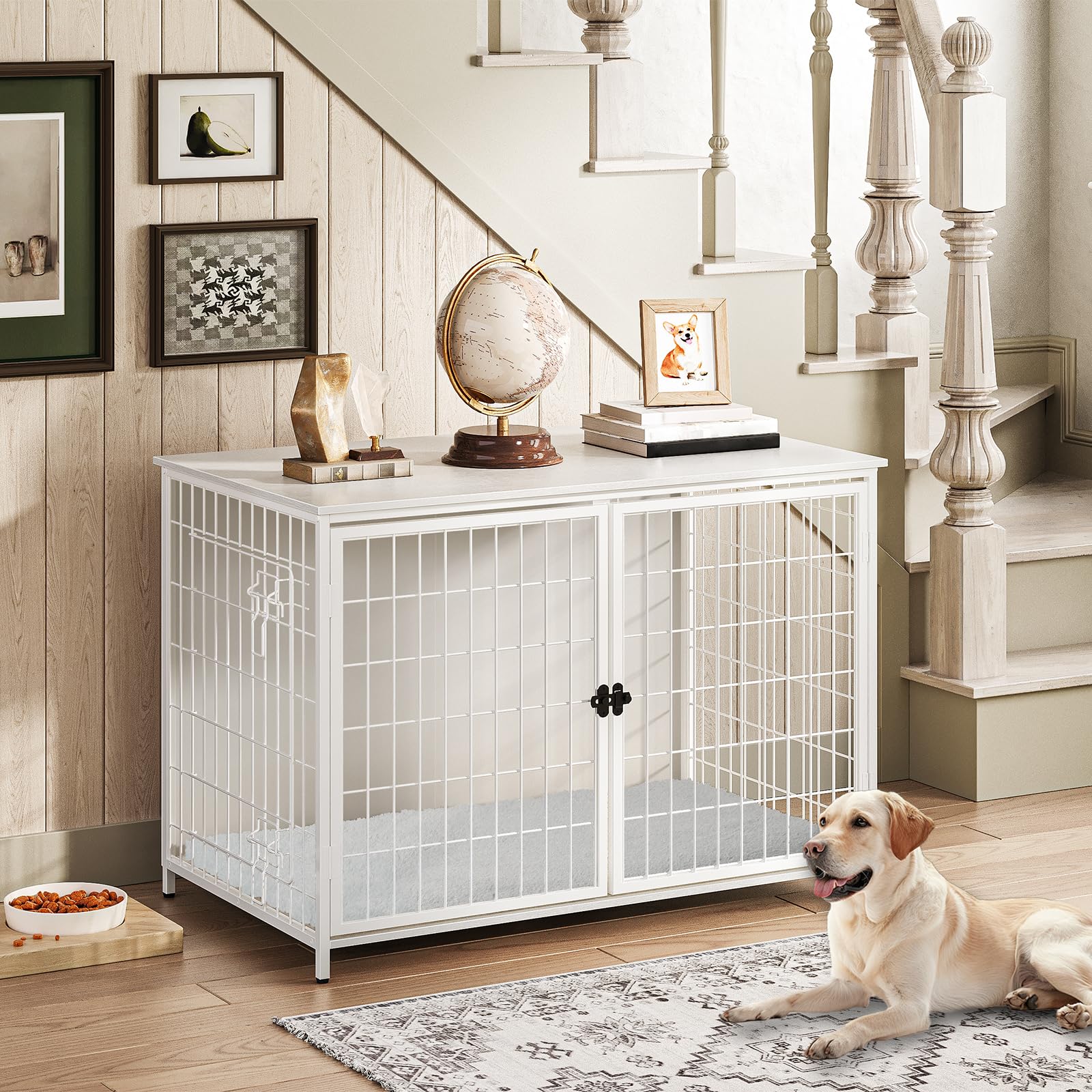 MAHANCRIS Dog Crate Furniture with Cushion, Wooden Dog Kennel with Double Doors, Heavy Duty Dog Cage for Small/Medium/Large Dogs