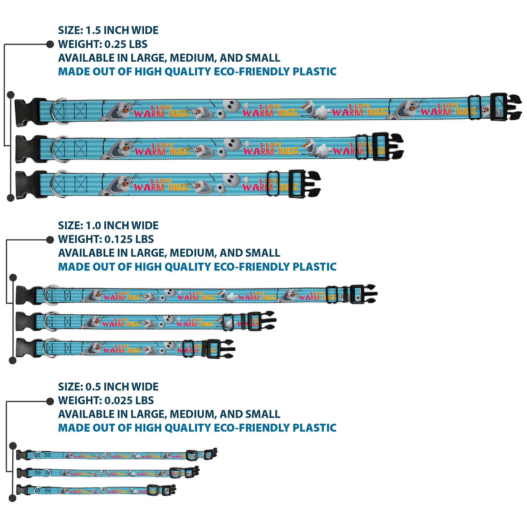 Buckle-Down Plastic Clip Collar - Olaf Pose I Love Warm Hugs Stripe Blues - 1/2' Wide - Fits 9-15' Neck - Large