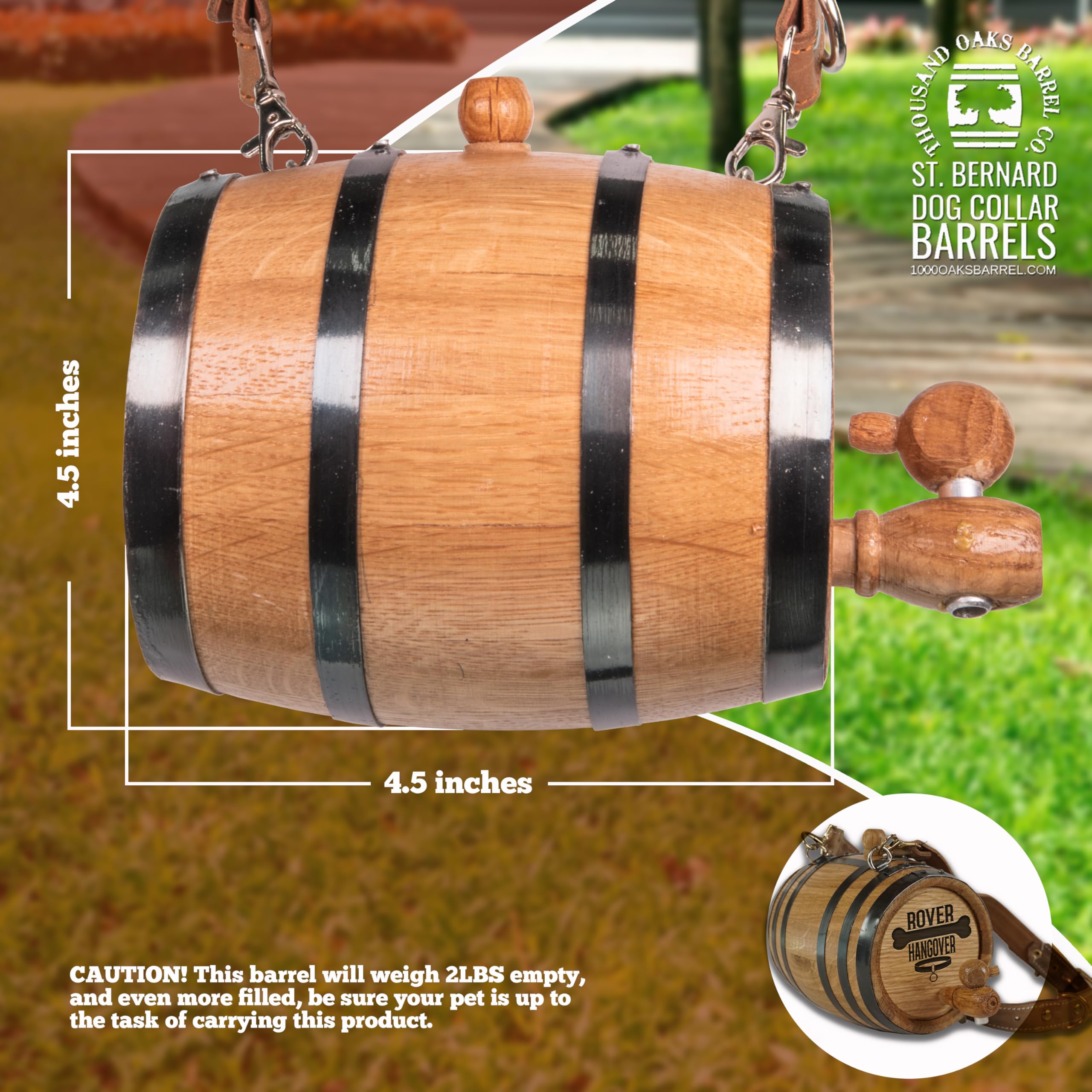 St. Bernard Dog Collar Rescue Barrel, With Engraved Design 'Rover Hangover' (1/2 Liter Size Oak Mini Keg With Black Hoops For Sa