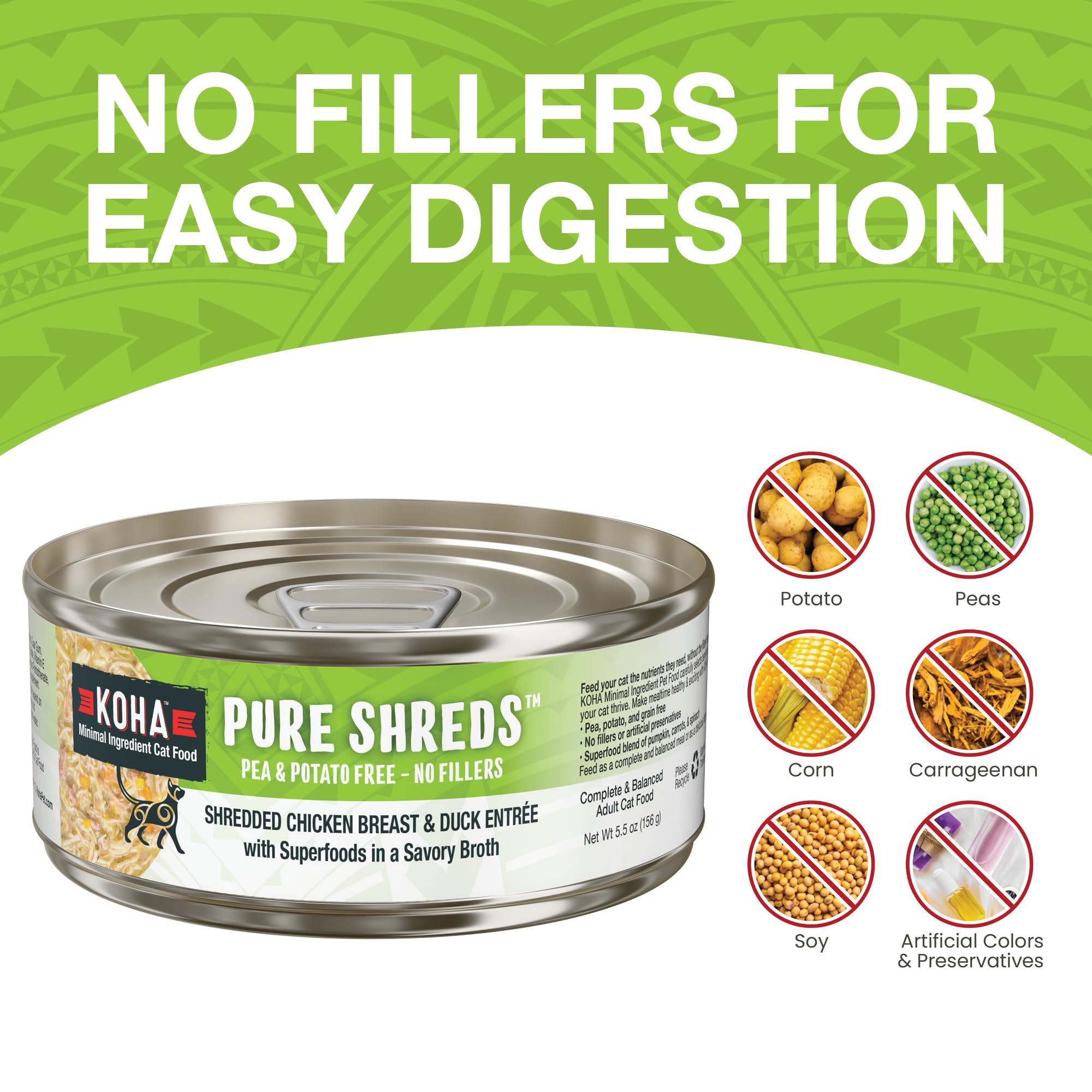 KOHA Pure Shreds Chicken and Duck Entr  e for Cats, High Protein Wet Cat Food, 5.5oz Cans (Pack of 12)