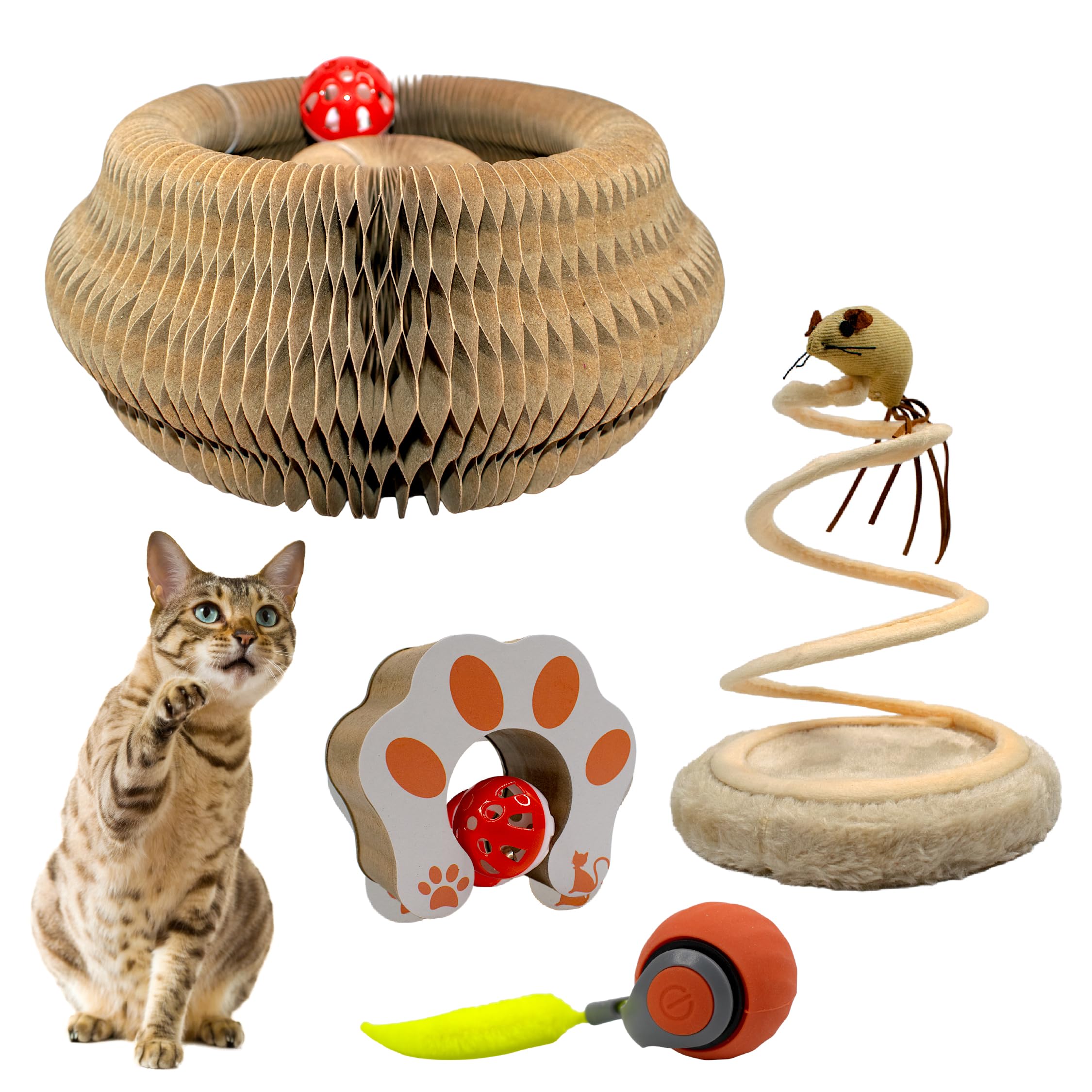 JUMPSELL Kitty Kurlz Cat Toy - Interactive Cat Scratcher Set with Flexible Cardboard Accordion, Plush Mouse & Magic Organ Toy - 