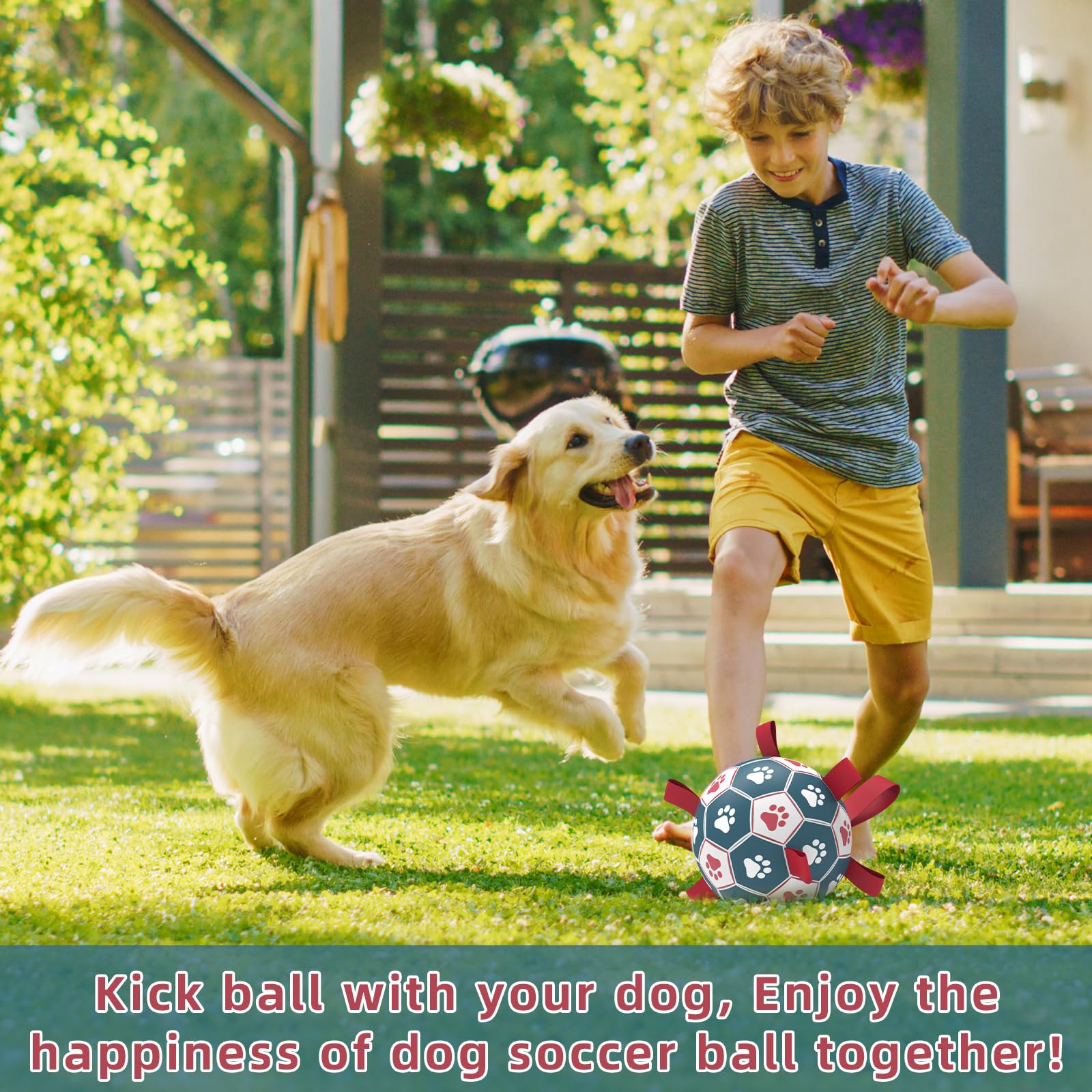 QDAN Soccer Ball Dog Toy, Durable PU Water Toy for Small Medium Dogs, Interactive Tug of War, Blue Red, 6 Inch