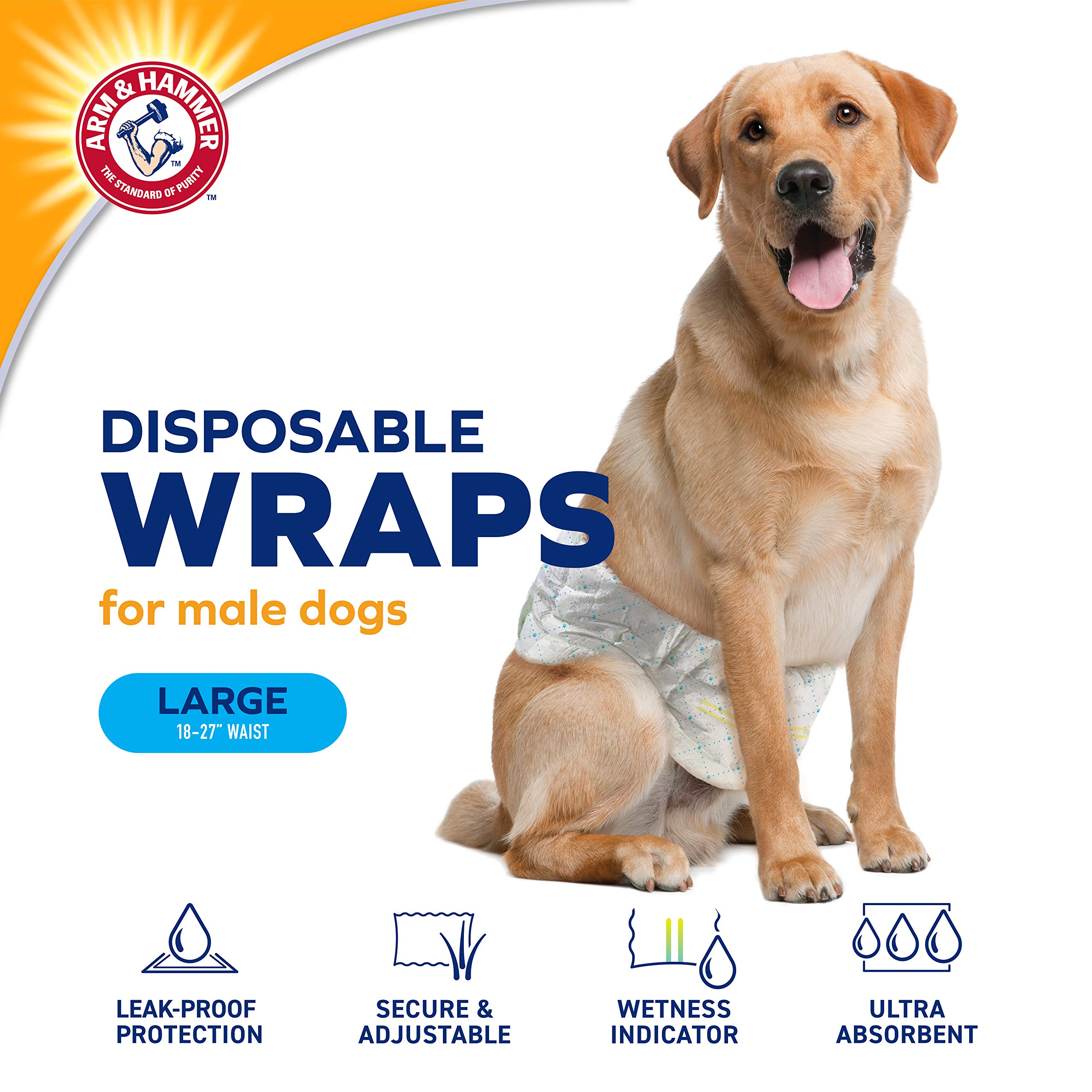 Arm & Hammer for Pets Male Dog Wraps, Size Large, 12 Count | Ultra-Absorbent, Adjustable Male Dog Diapers with Leak-Proof Protec
