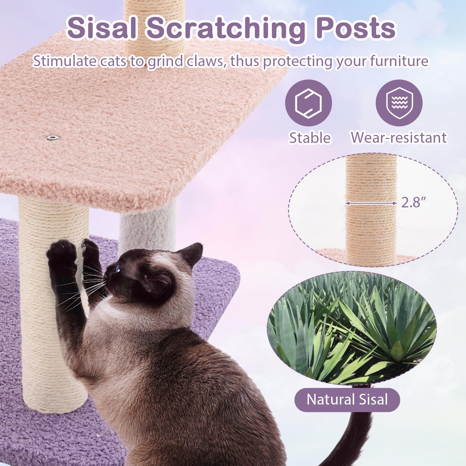 Tangkula Cat Tree Tower, 55 Inch Multi-Level Cat Tower With Cat Condo, Sisal Scratching Posts, Moon Star Plush Perch, Hammock, Cloud Platforms, Dangling Toys, Cute Purple Pink Cat Tree For Indoor Cats