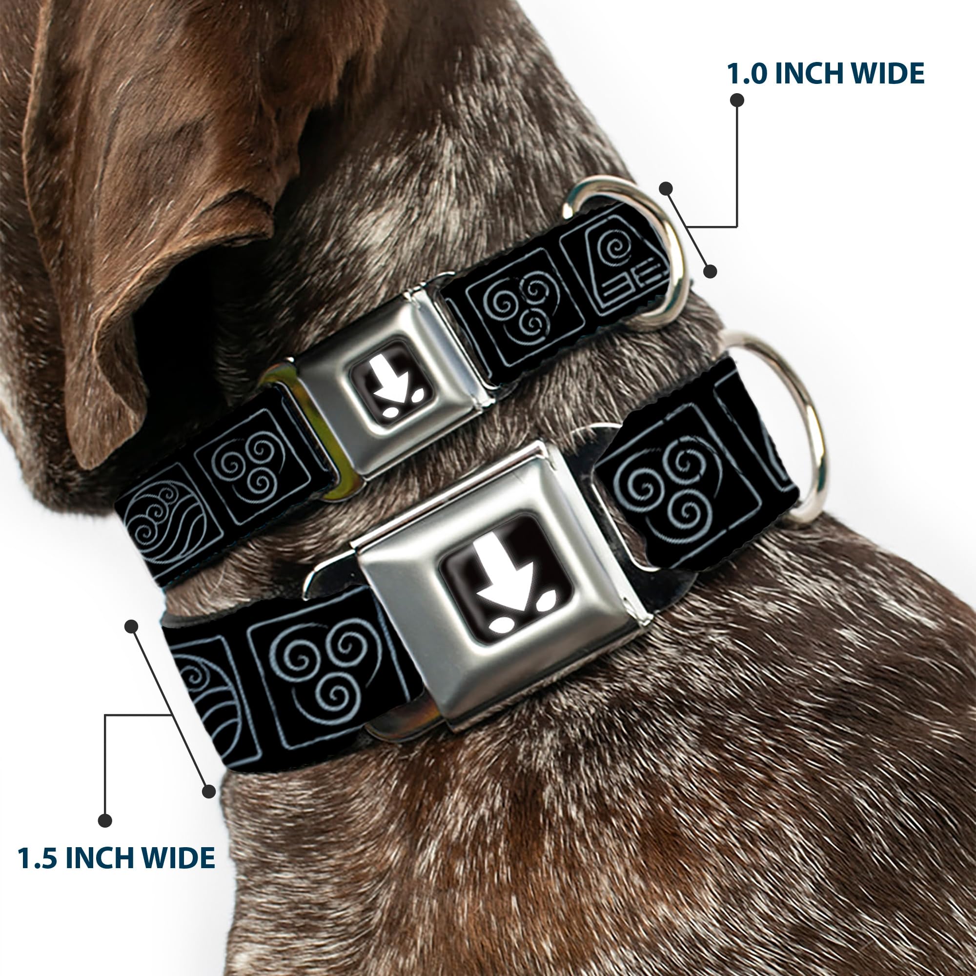 Buckle-Down Dog Collar Seatbelt Buckle Avatar The Last Airbender Bending Elements Icons Black Gray, 1' Wide - Fits 9.5-13' Nec