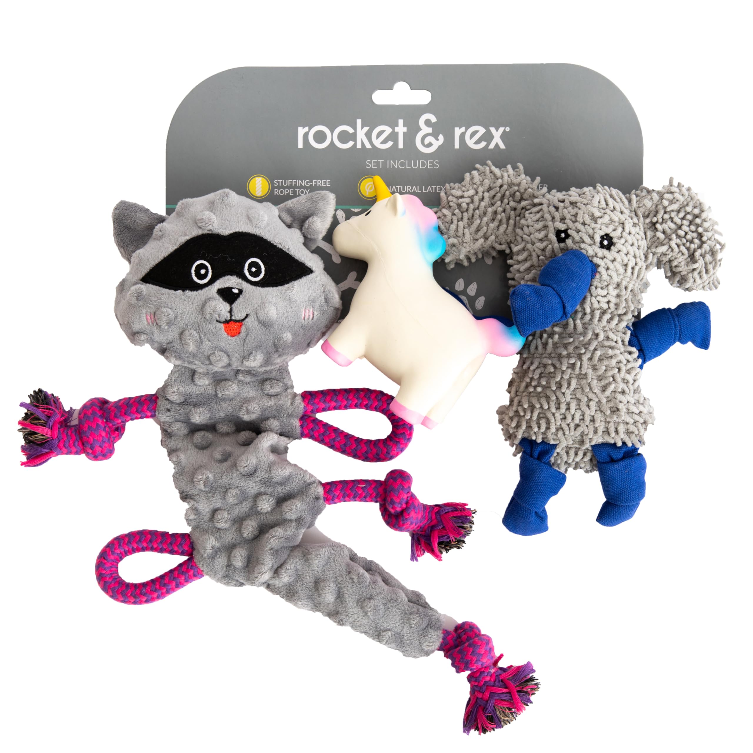 Rocket & Rex No Stuffing Dog Toy | Unstuffed Dog Toys Set With Squeakers | Includes A Stuffing Free Rope Toy, Rubber Squeaker Toy And Plush Toy | For Small To Medium Breeds | Dog Stocking Stuffer
