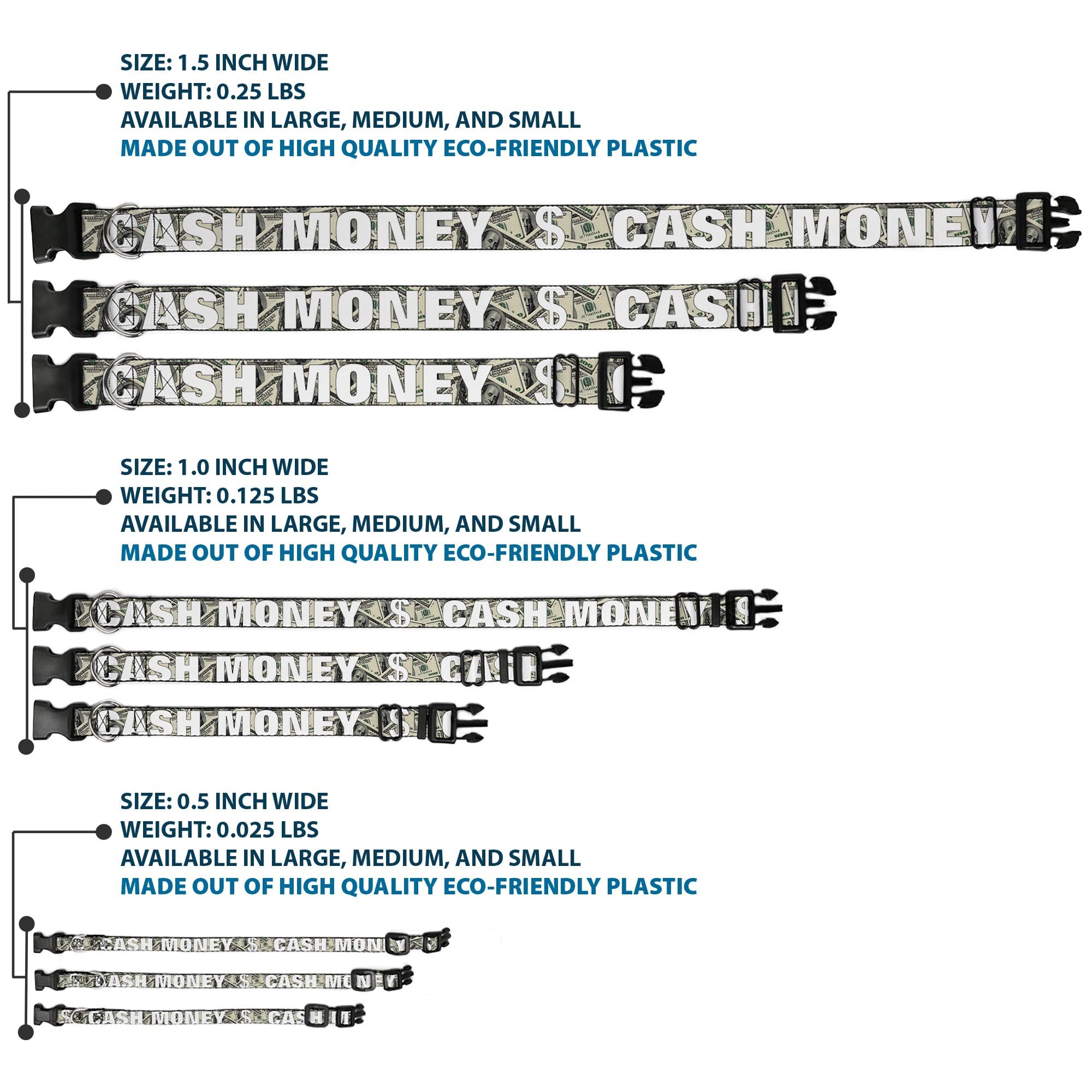 Buckle-Down Plastic Clip Collar - Cash Money $ Dollars/White - 1/2 Wide - Fits 6-9 Neck - Small