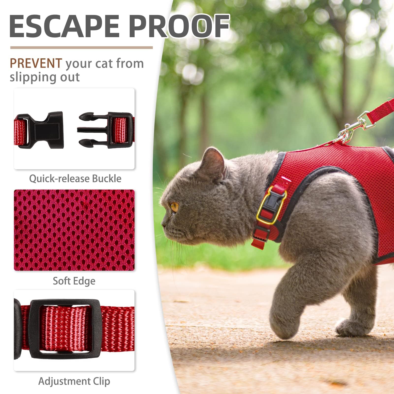 Pupteck Soft Mesh Cat Vest Harness And Leash Set Puppy Padded Pet Harnesses Escape Proof For Cats Small Dogs, Red Large