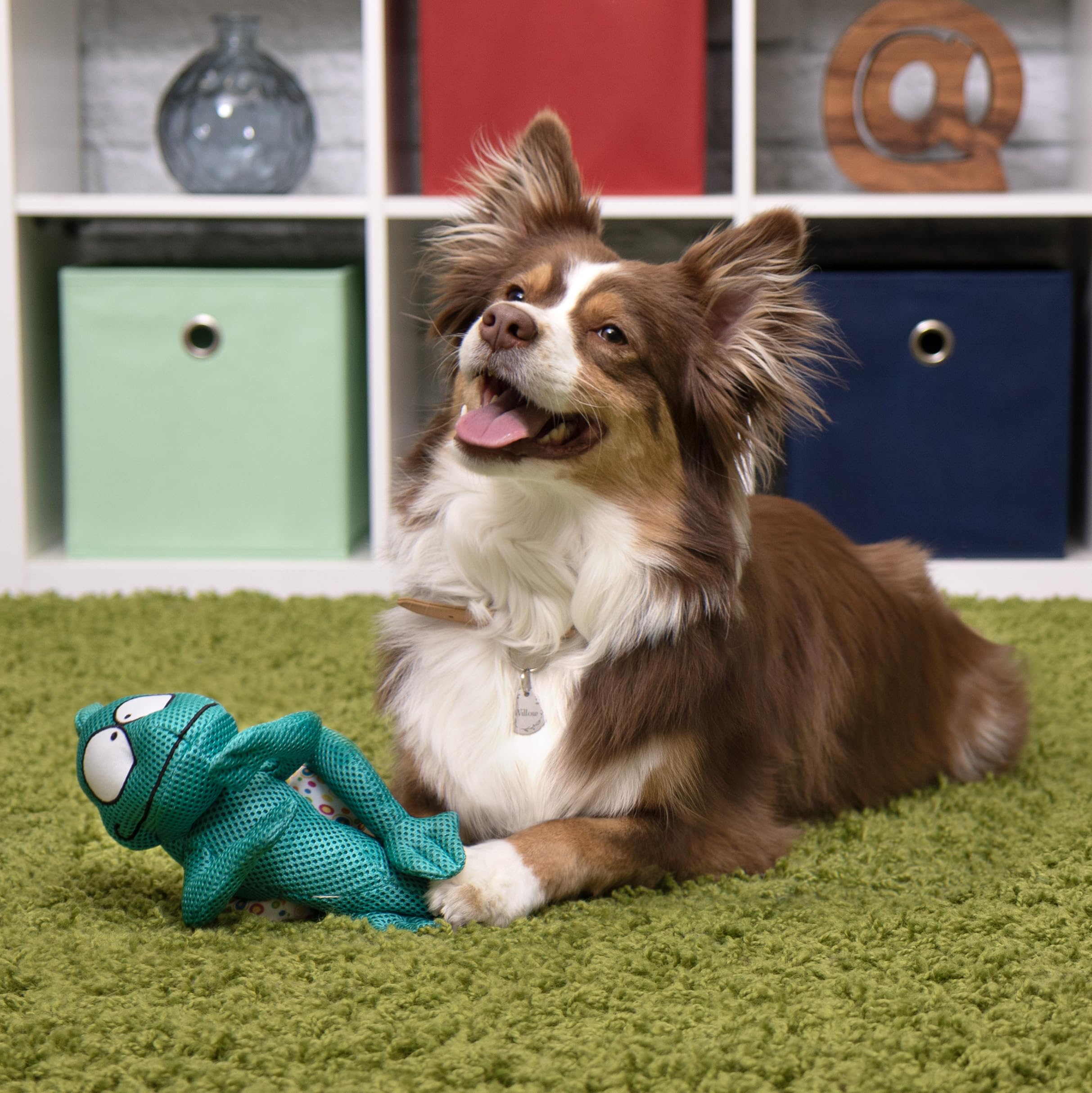Godog Double Chew Guard Mesh Amphibianz Chameleon Squeaky Dog Toy - Teal, Large