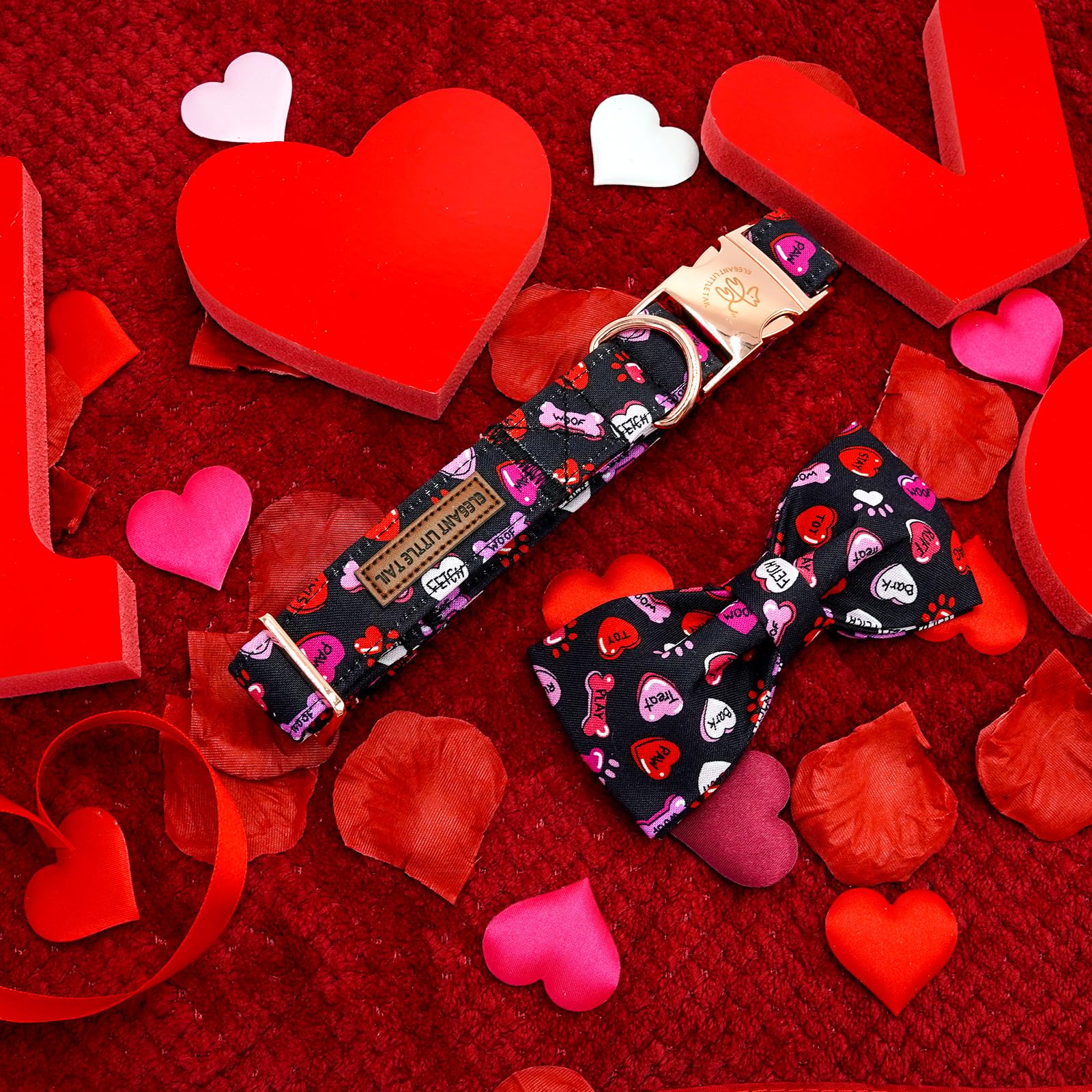 Elegant little tail Valentine's Dog Collar,Cute Heart Dog Collar with Bow for Medium Dogs, Female or Male Adjustable Cotton Pet