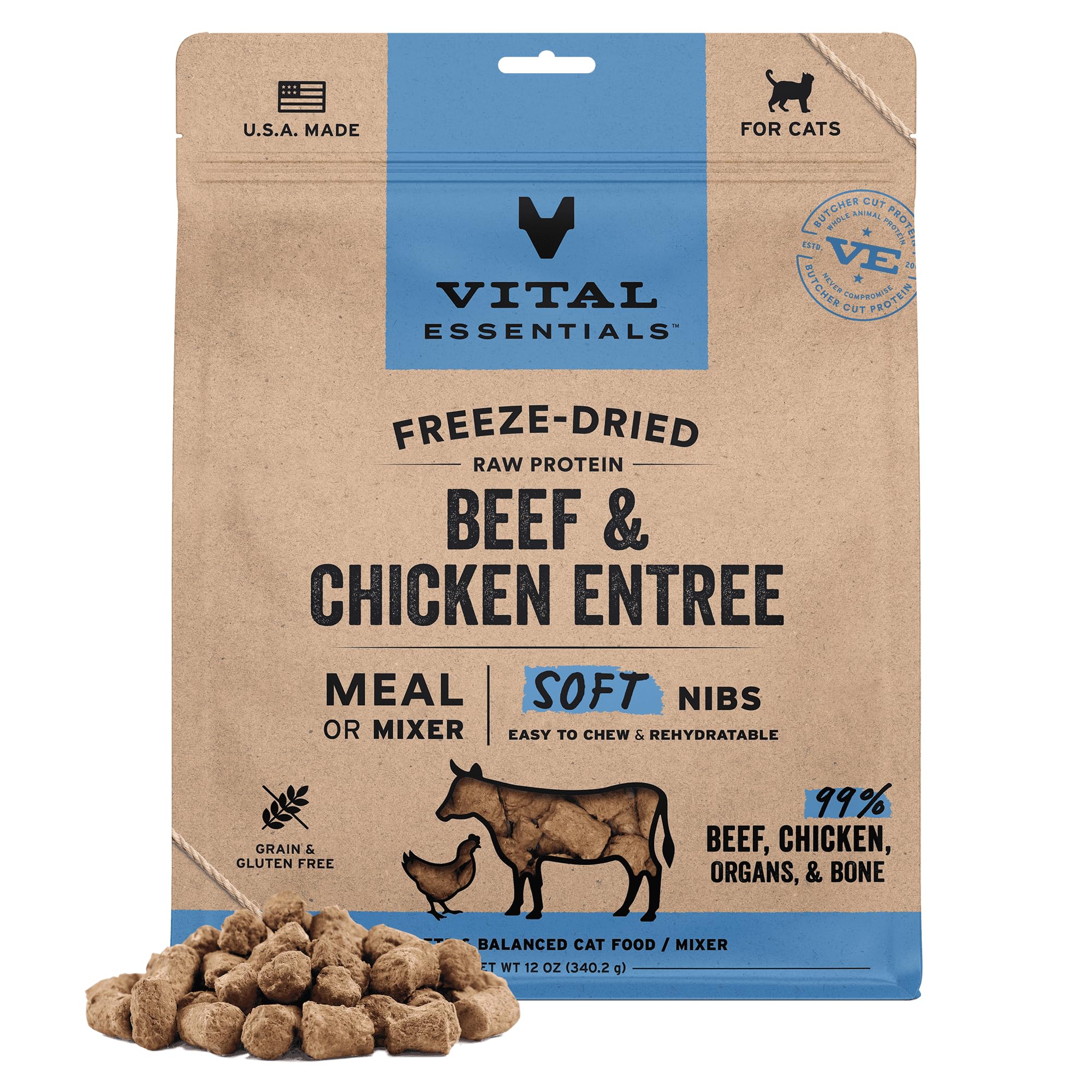 Vital Essentials Freeze Dried Raw Beef & Chicken Entree & Mixer Cat Food Soft Nibs, 12 oz