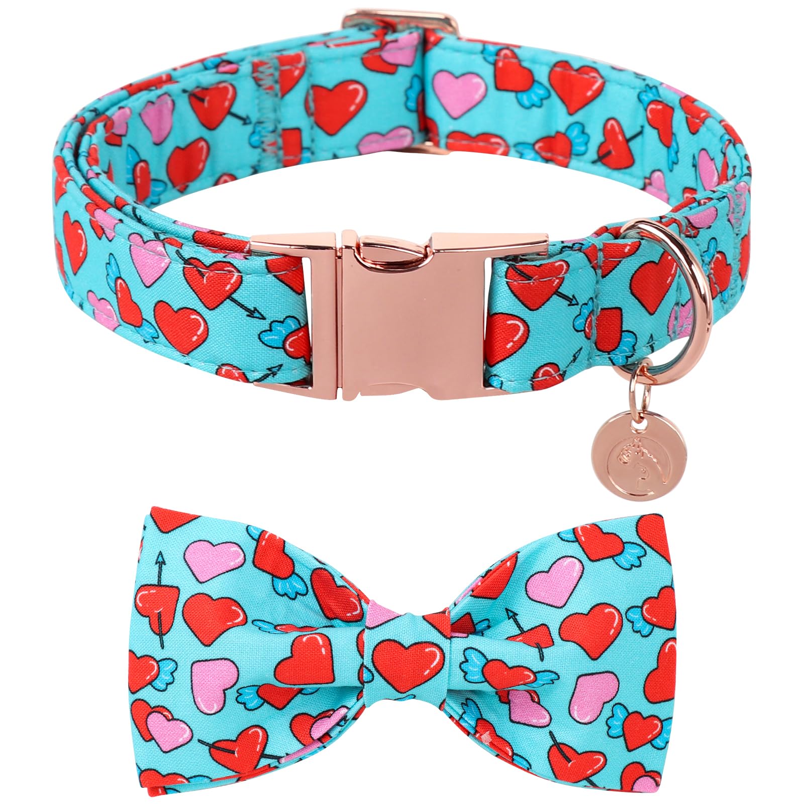 Dogwong Valentine Dog Collar With Bow, Blue Heart, Soft Cotton, Perfect Fit For Small Dogs