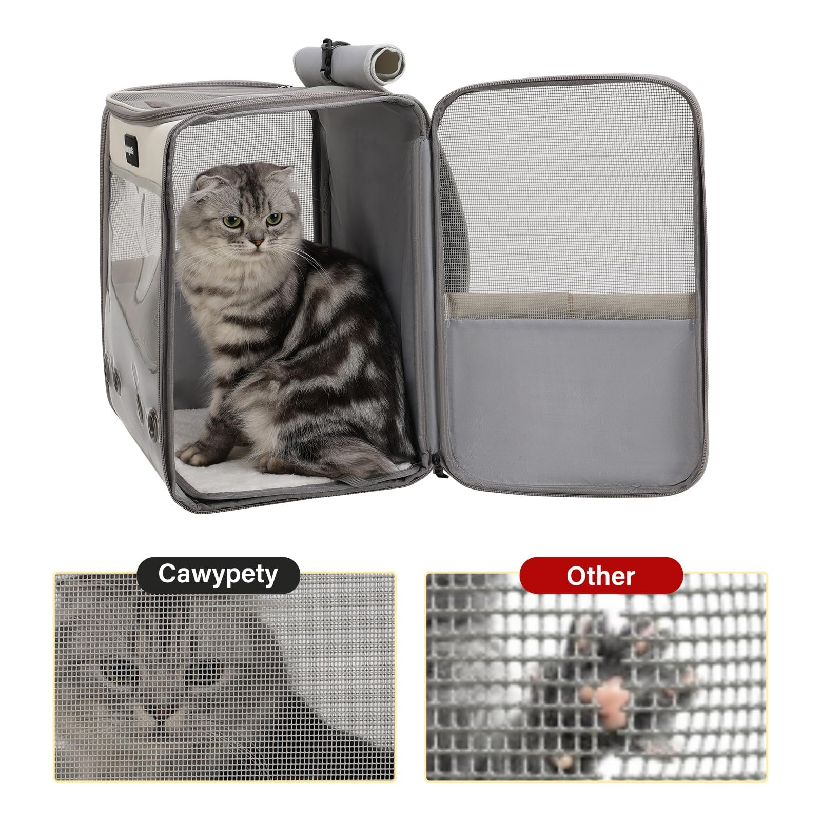 Cawypety Cat Carrier Backpack for Small Cats & Dogs, Light Gray, Model CB230822-004, Collapsible, Breathable, Travel-Friendly