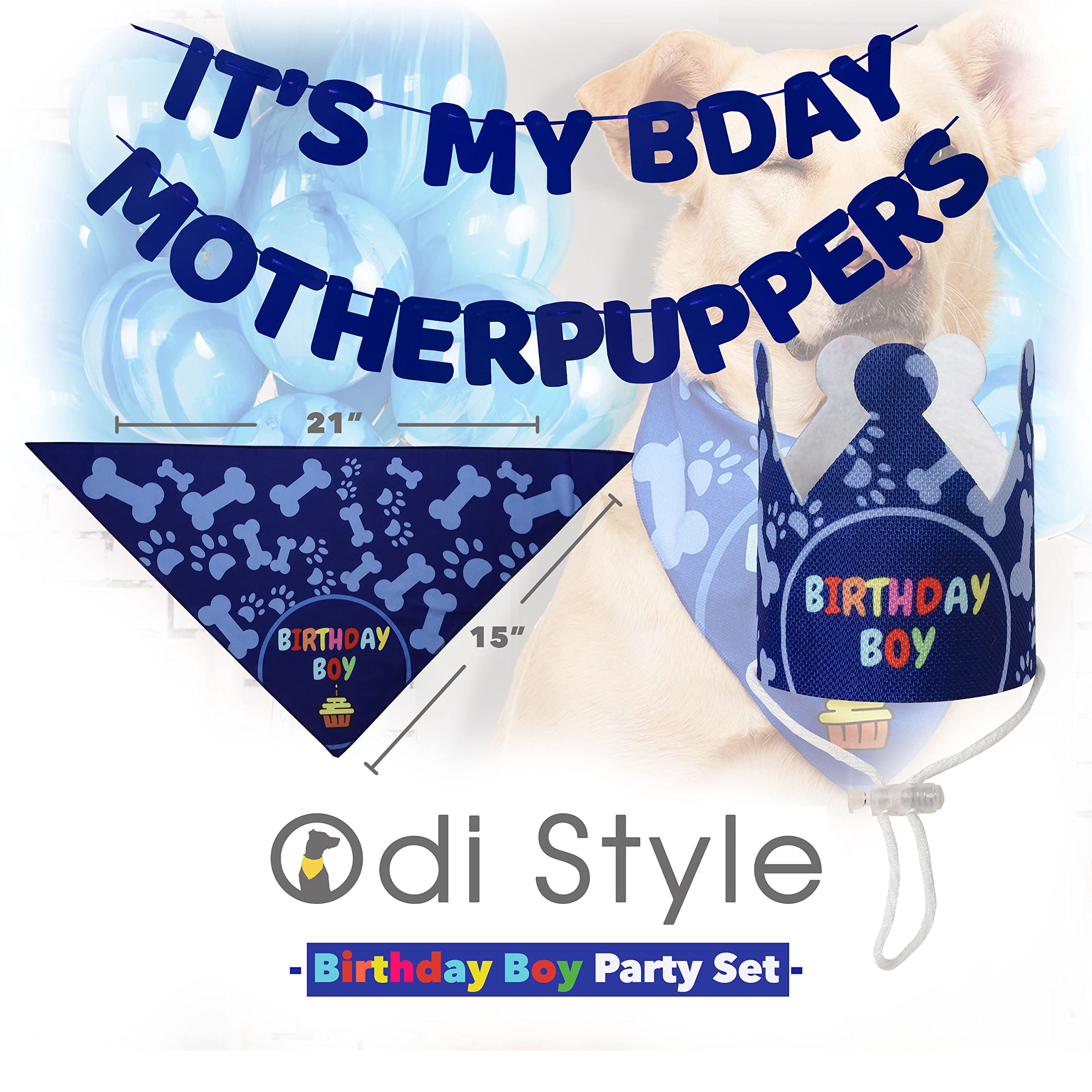 Odi Style Dog Birthday Party Decorations - Bday Bandana Set - Birthday Boy Bandana For Small Dogs, Puppy, Party Hat, Crown And C