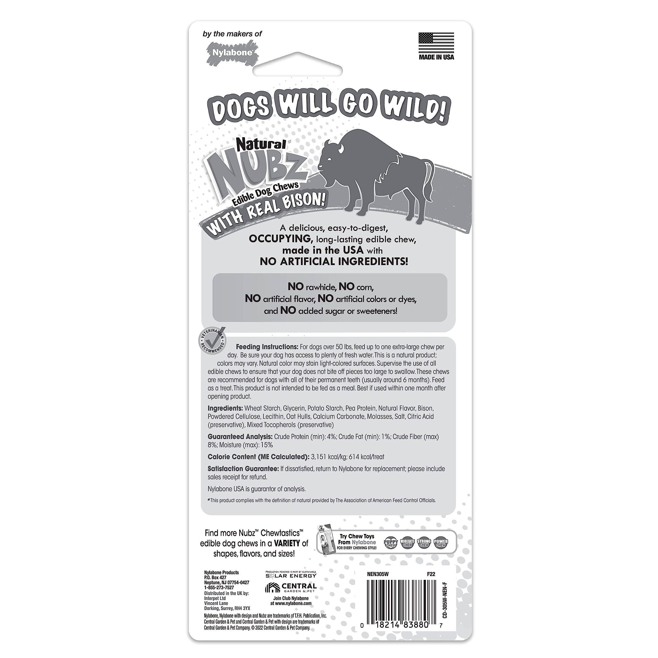 Nylabone Nubz Wild Natural Edible Chew Treats for Dogs, Made in USA, Bison Flavor, X-Large - 50+ lbs. (1 Count)