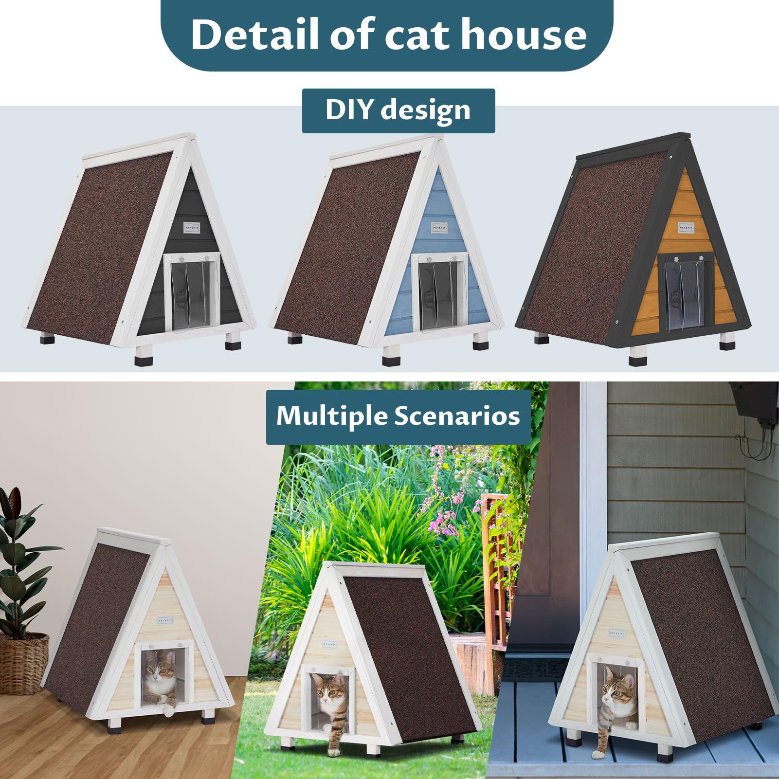 Petsfit Outdoor Cat House - Weatherproof Feral Cat Shelter with Escape Door, Solid Wood, Model CHW10203
