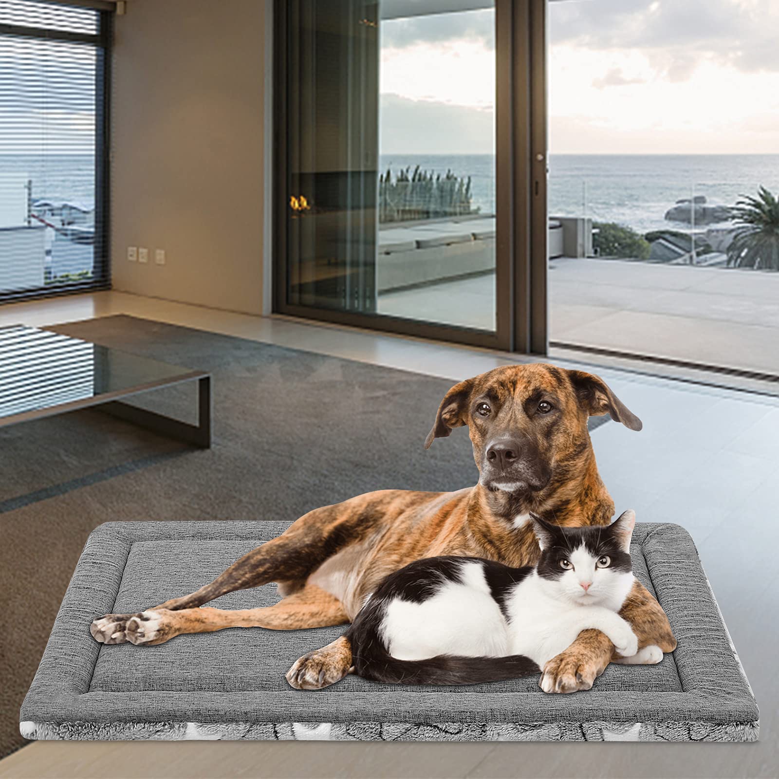 Empsign Dog Bed Mat Dog Crate Pad Reversible (Cool & Warm), Machine Washable Dog Crate Mat, Kennel Pad For Dog Sleeping Mattress For Large Medium Small Dogs, Grey
