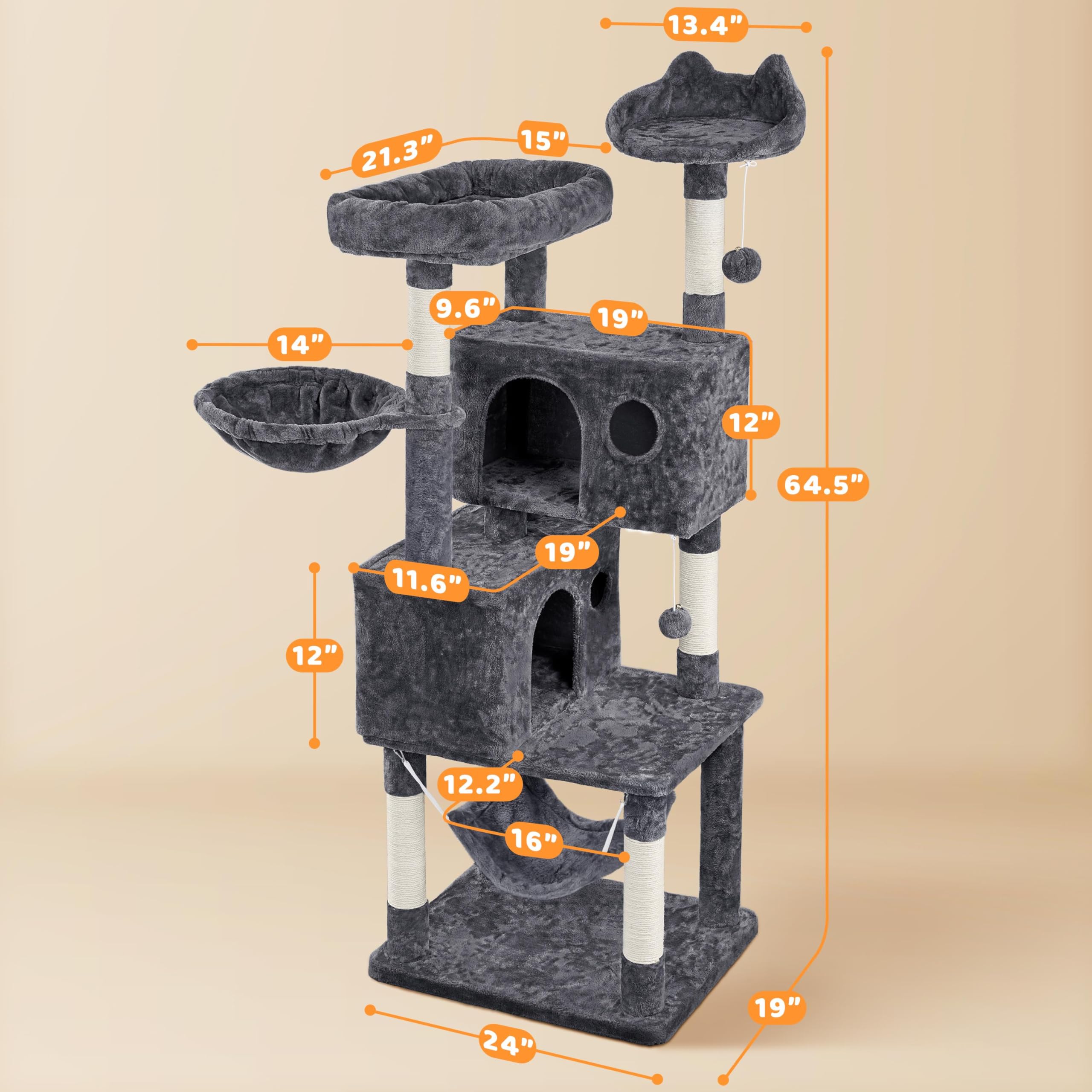 Yaheetech 64.5In Extra Large Multi-Level Cat Tree Kittens Play House Condo With Platform, Perch Hammock & Scratching Posts, Dark