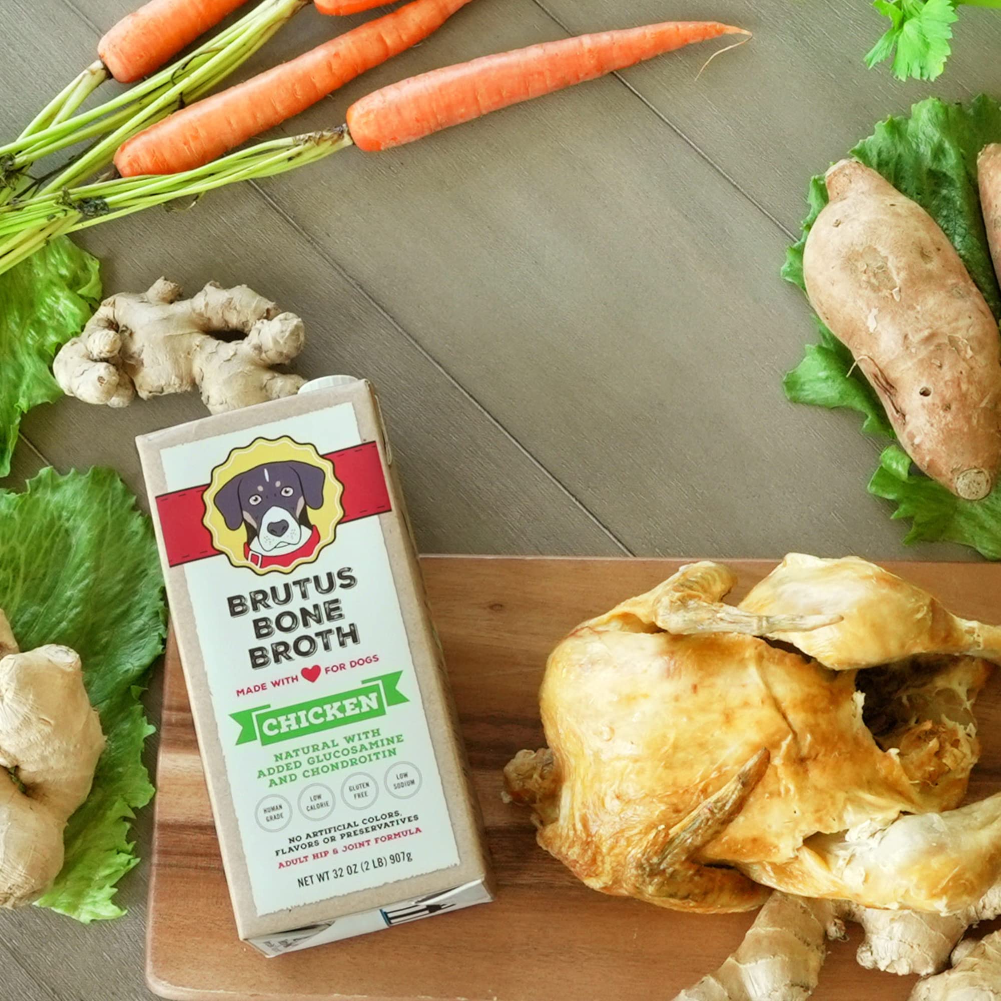 Brutus Chicken Broth for Dogs - All Natural Chicken Bone Broth with Chondroitin Glucosamine Turmeric -Human Grade Food Toppers f