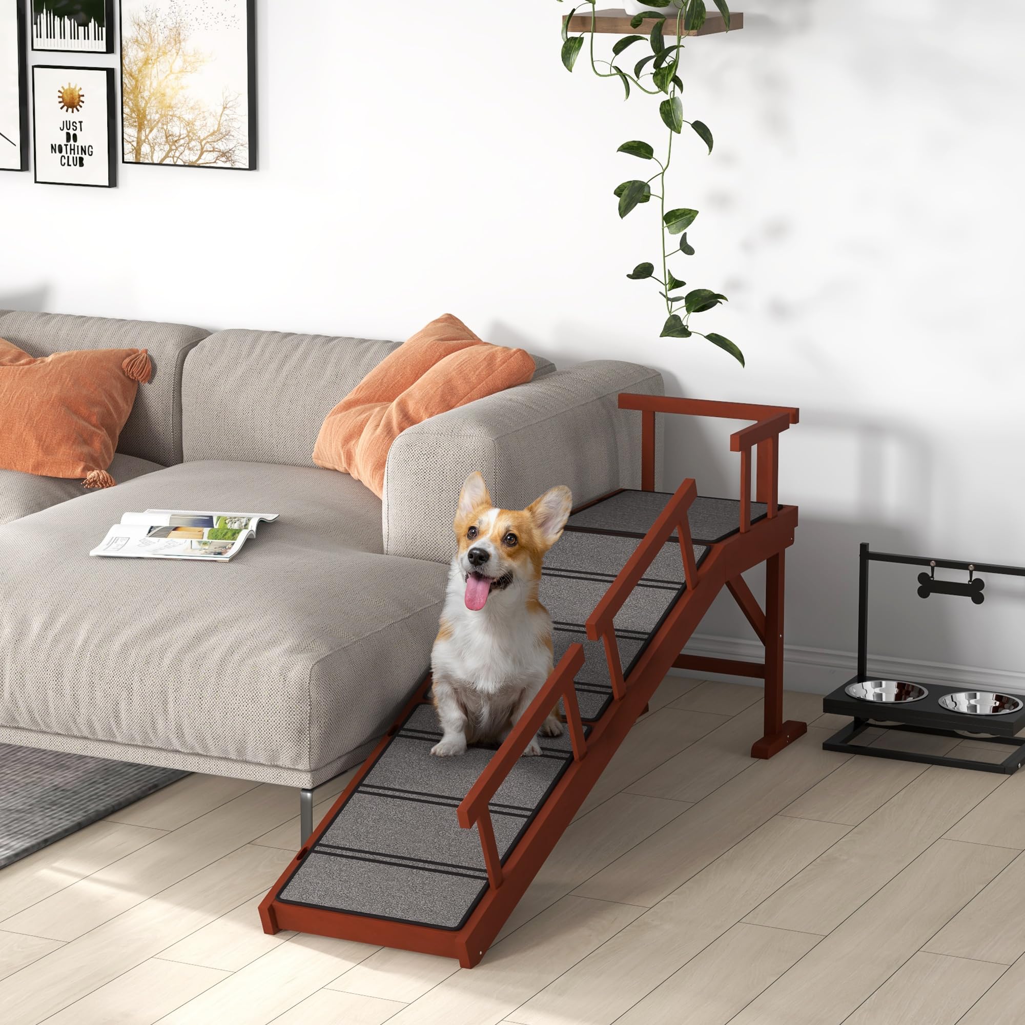 Pawhut Dog Ramp, Dog Stairs For Small, Medium & Large Dogs, Pet Ramp For Bed Or Couch With Removable Guardrails, Non-Slip Surfac