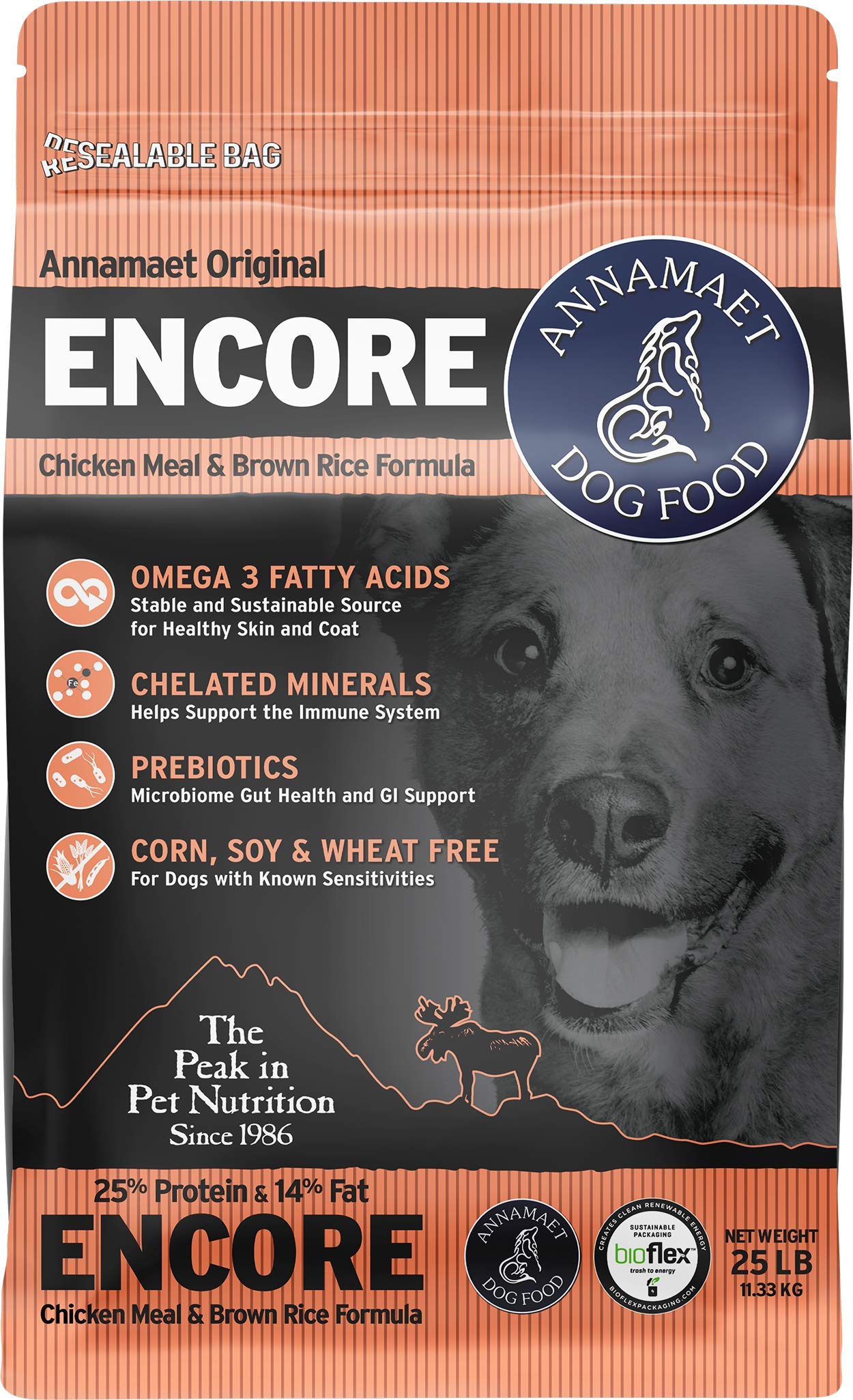 Annamaet Original Encore Formula Dry Dog Food, 25% Protein (Chicken & Brown Rice), 25-lb Bag