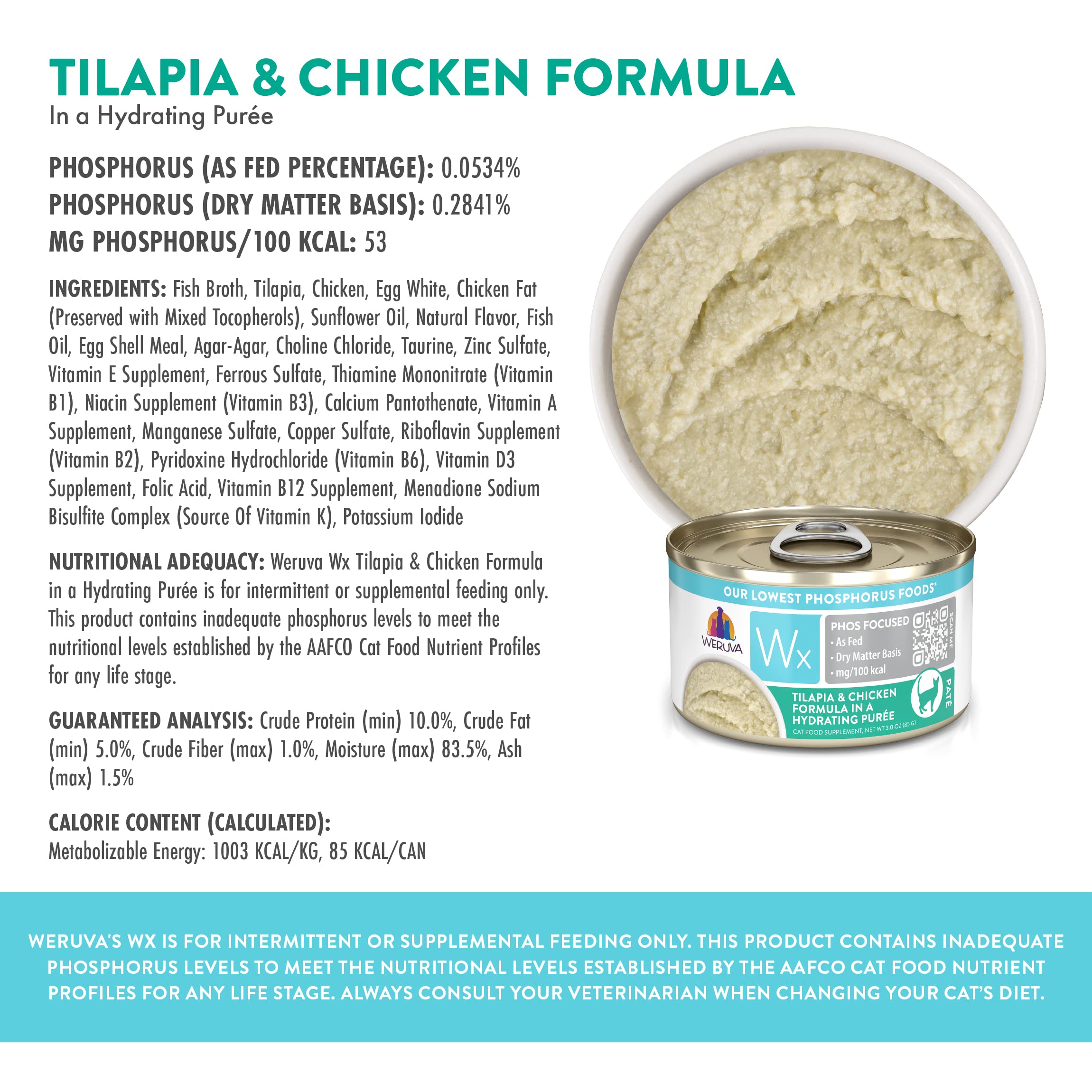 Weruva Wx Phos Focused, Tilapia & Chicken Formula in a Hydrating pur  e, 3oz Can (Pack of 12)
