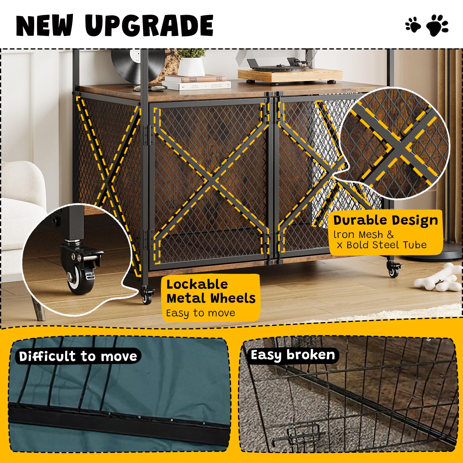 GarveeLife 31 Inch Dog Crate Furniture, Heavy Duty Decorative Dog Cage with Lockable 360 Wheels, Double Door Dog Kennel End Tabl