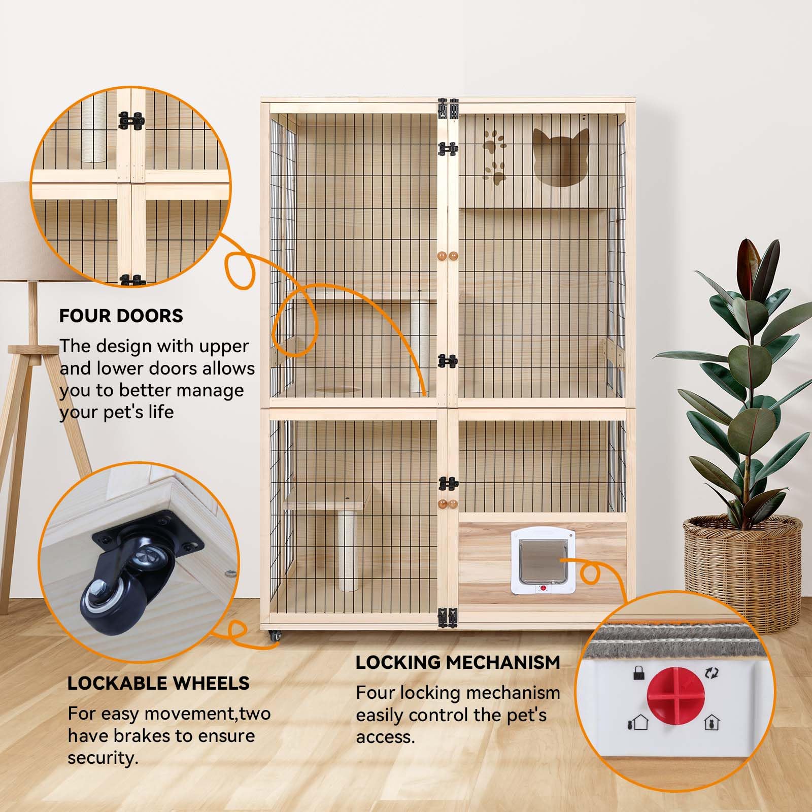 Pantazo Wooden Cat House Large Space Cats Cage With Scratching Post And Lockable Wheels Double Layer With Escape Door Outdoor/In