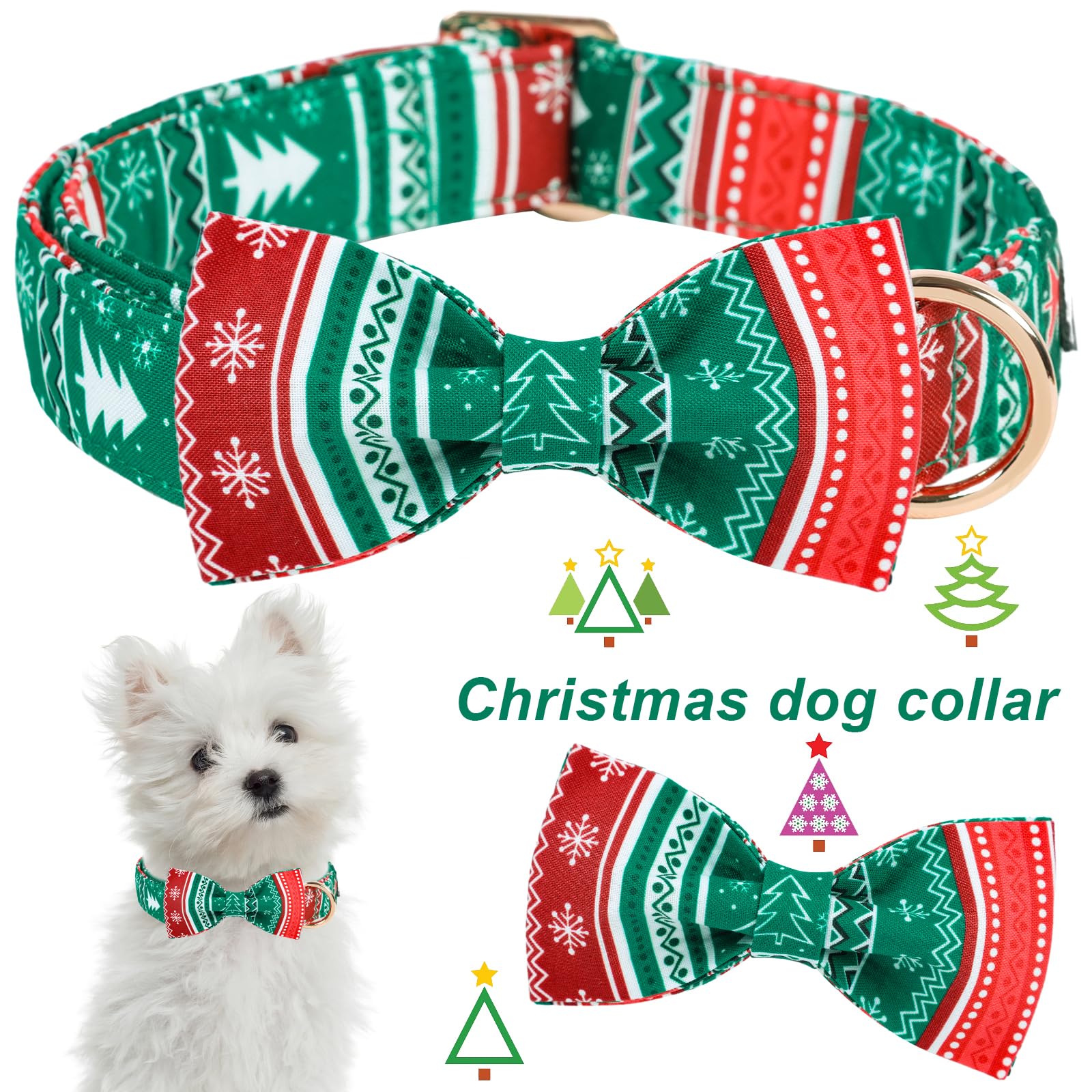 Aring Pet Christmas Dog Collar-Cute Cotton Dog Collar With Bow, Adjustable Red Green Christmas Dog Collars Puppy Collars With Me
