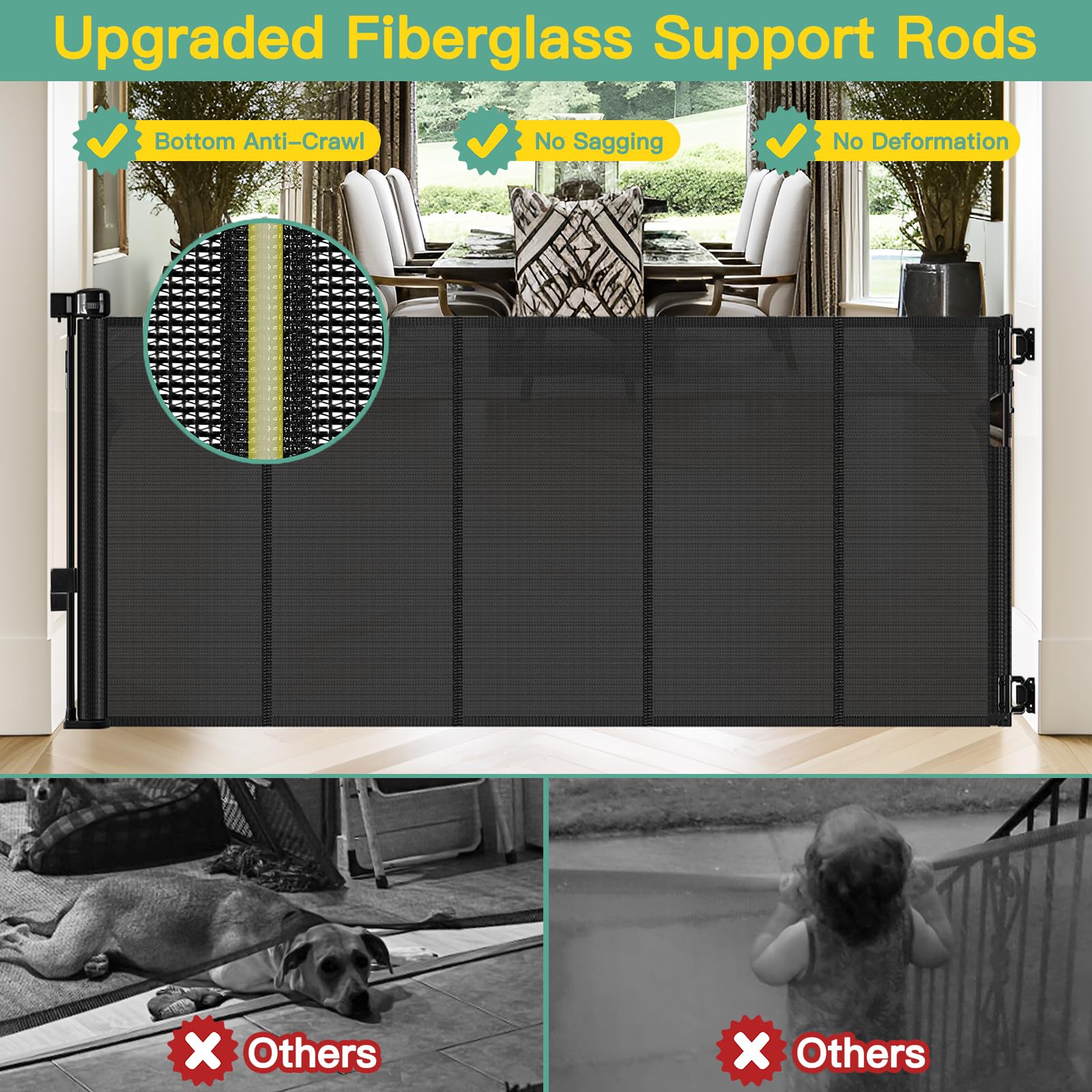 Reinforced 60 Wide Retractable Baby Gates with Upgraded Rods - Bottom Anti-Escape, 5 ft Mesh Baby Gate Retractable Dog Gate Indo