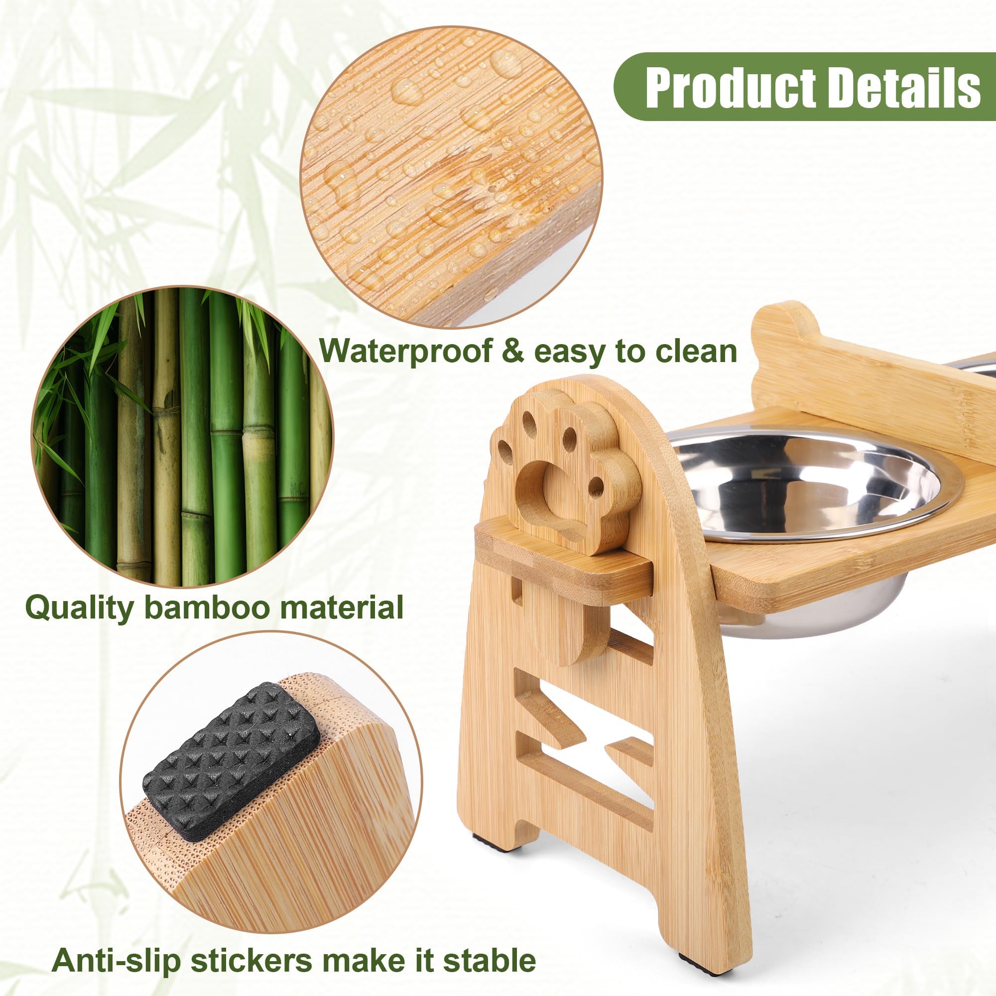 Mceast Elevated Dog Bowls Adjustable Raised Dog Bowls Stand With 2 Pieces 304 Stainless Steel Bowls Bamboo Pet Elevated Bowl Cat