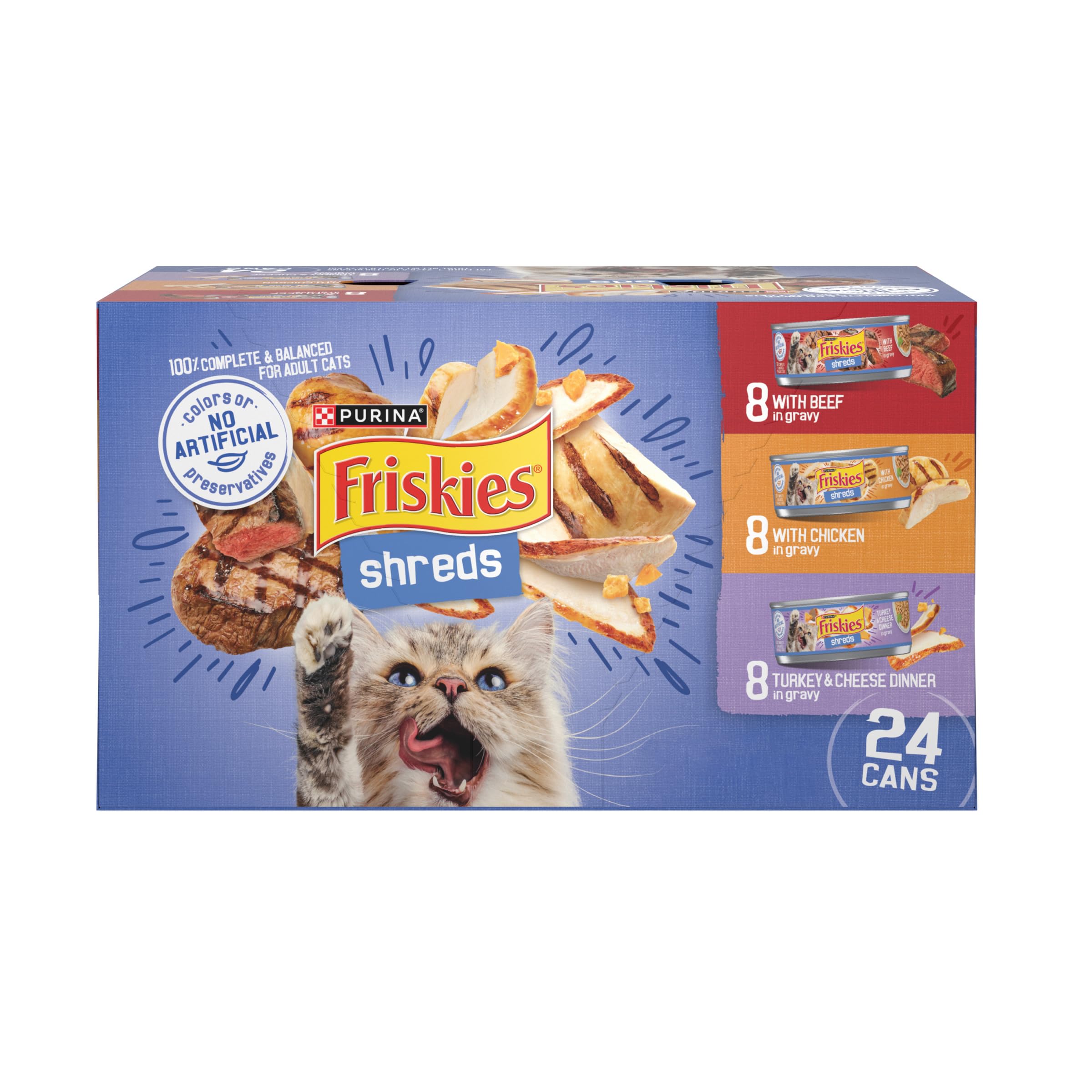 Purina Friskies Gravy Wet Cat Food Variety Pack, Shreds With Beef, With Chicken, and Turkey and Cheese Dinner - (Pack of 24) 5.5