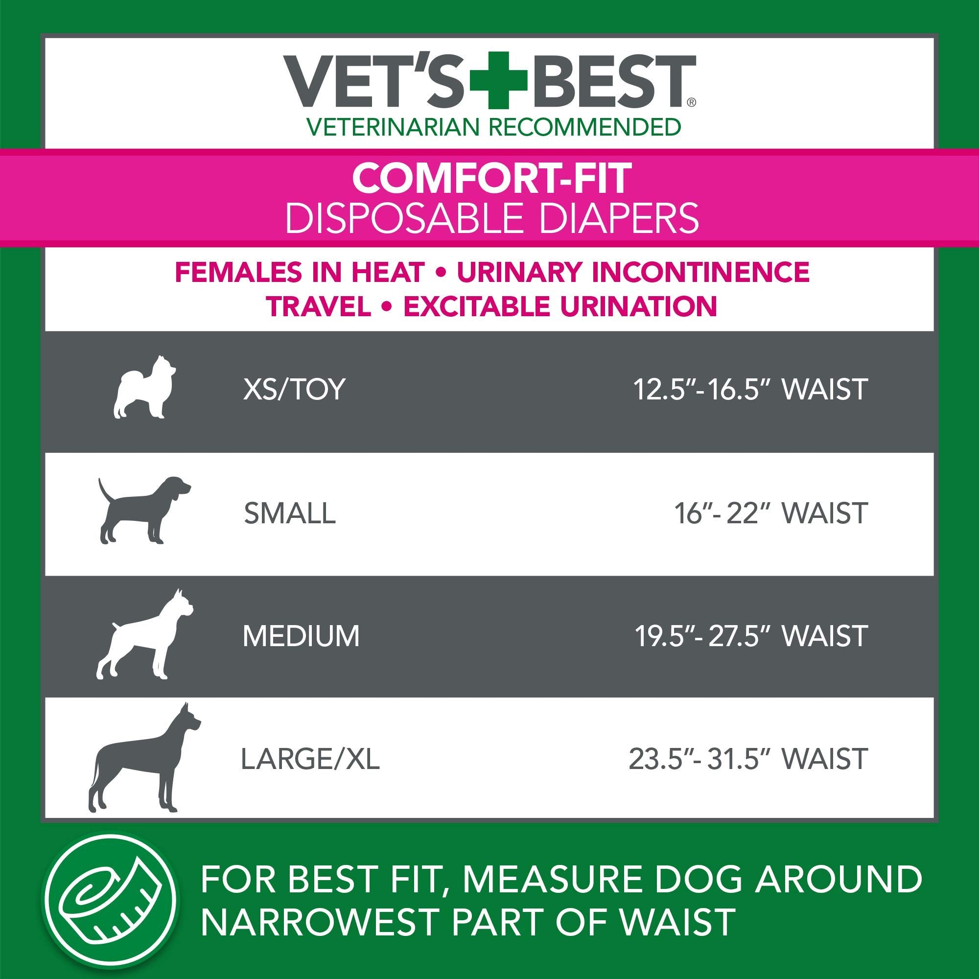 Vets Best Comfort Fit Dog Diapers - Disposable Female Dog Diapers - Absorbent with Leak Proof Fit - Medium, 30 Count