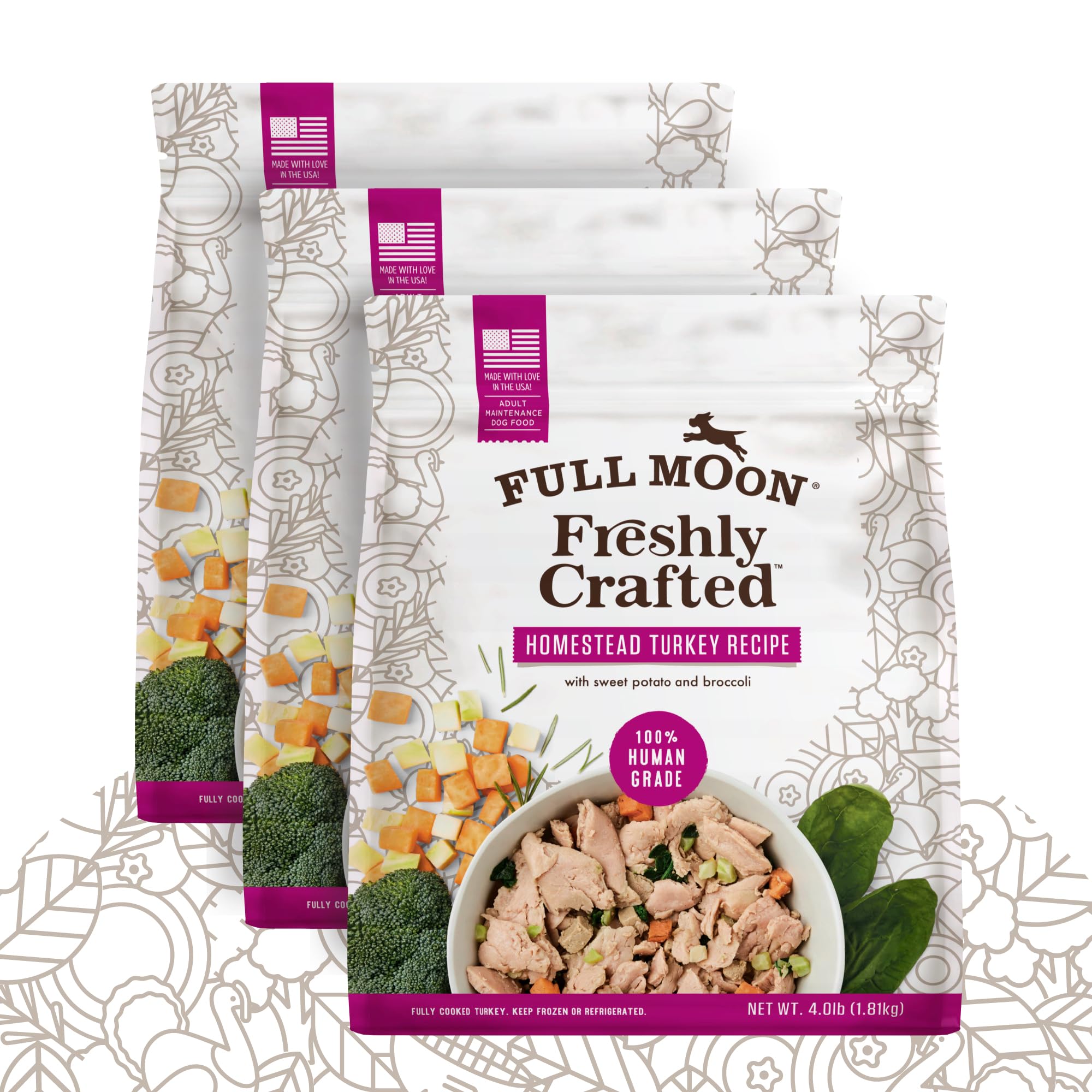 Full Moon NAE Freshly Crafted Homestead Turkey Recipe Frozen Fresh Dog Food 64 Oz (Pack of 3)