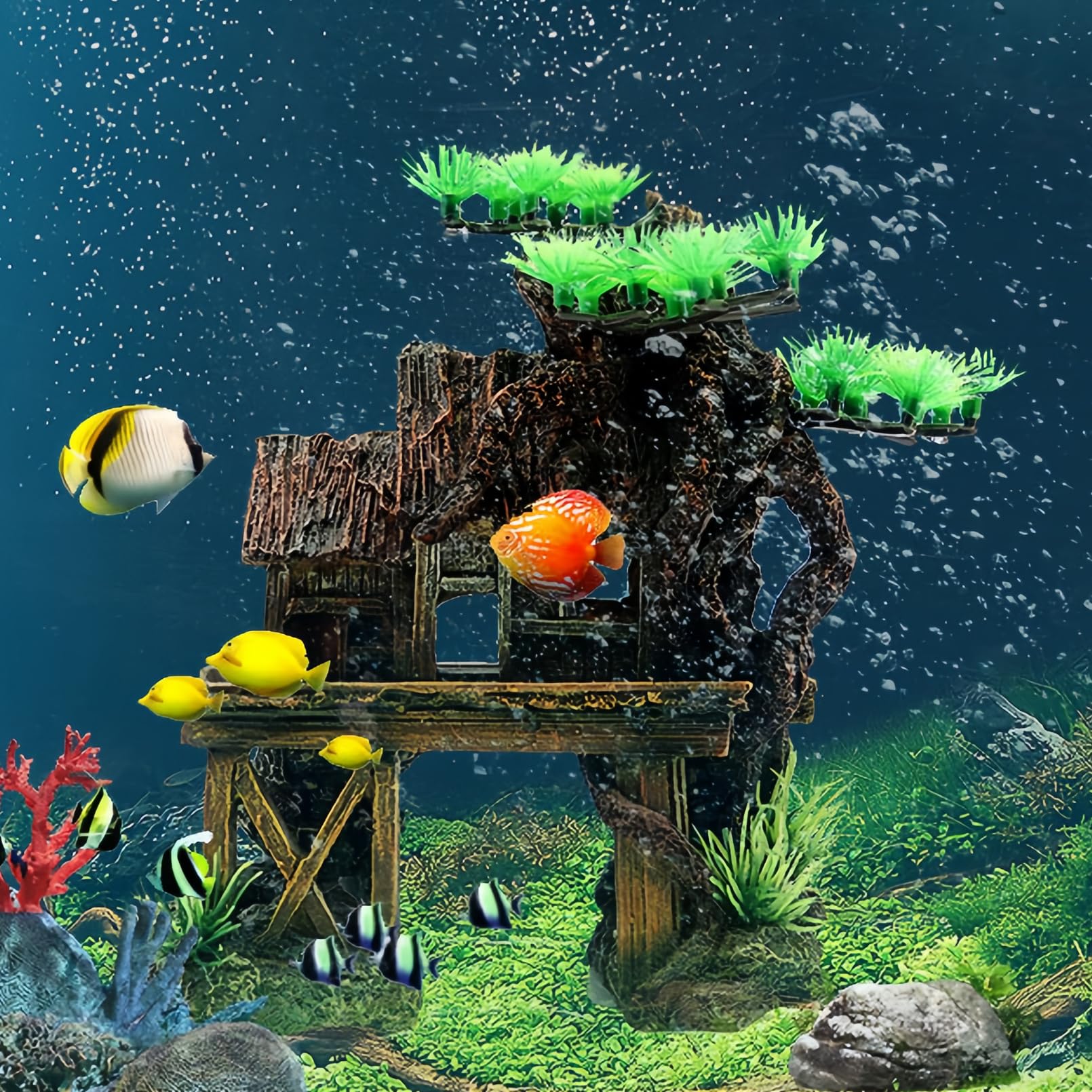 Kathson Aquarium Decorations Fish Tank Ornaments House On Terrace With Tree Root Resin Handicrafts For Betta Fish