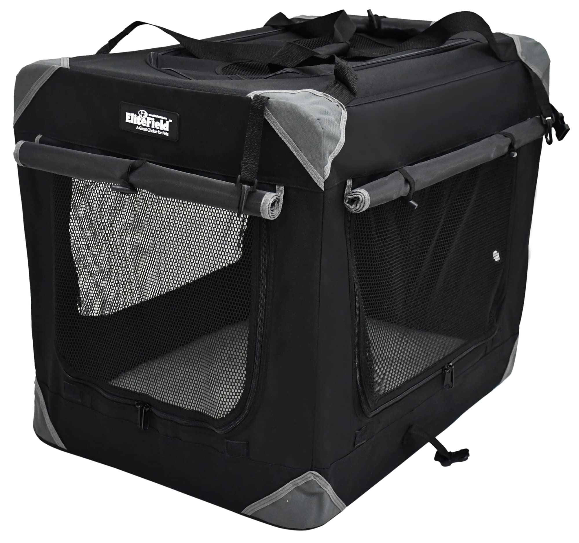 Elitefield 4-Door Folding Soft Dog Crate With Curtains, Carrying Bag And Fleece Bed (2 Year Warranty), Indoor & Outdoor Pet Home (36' L X 24' W X 28' H, Black+4 Door Curtains)
