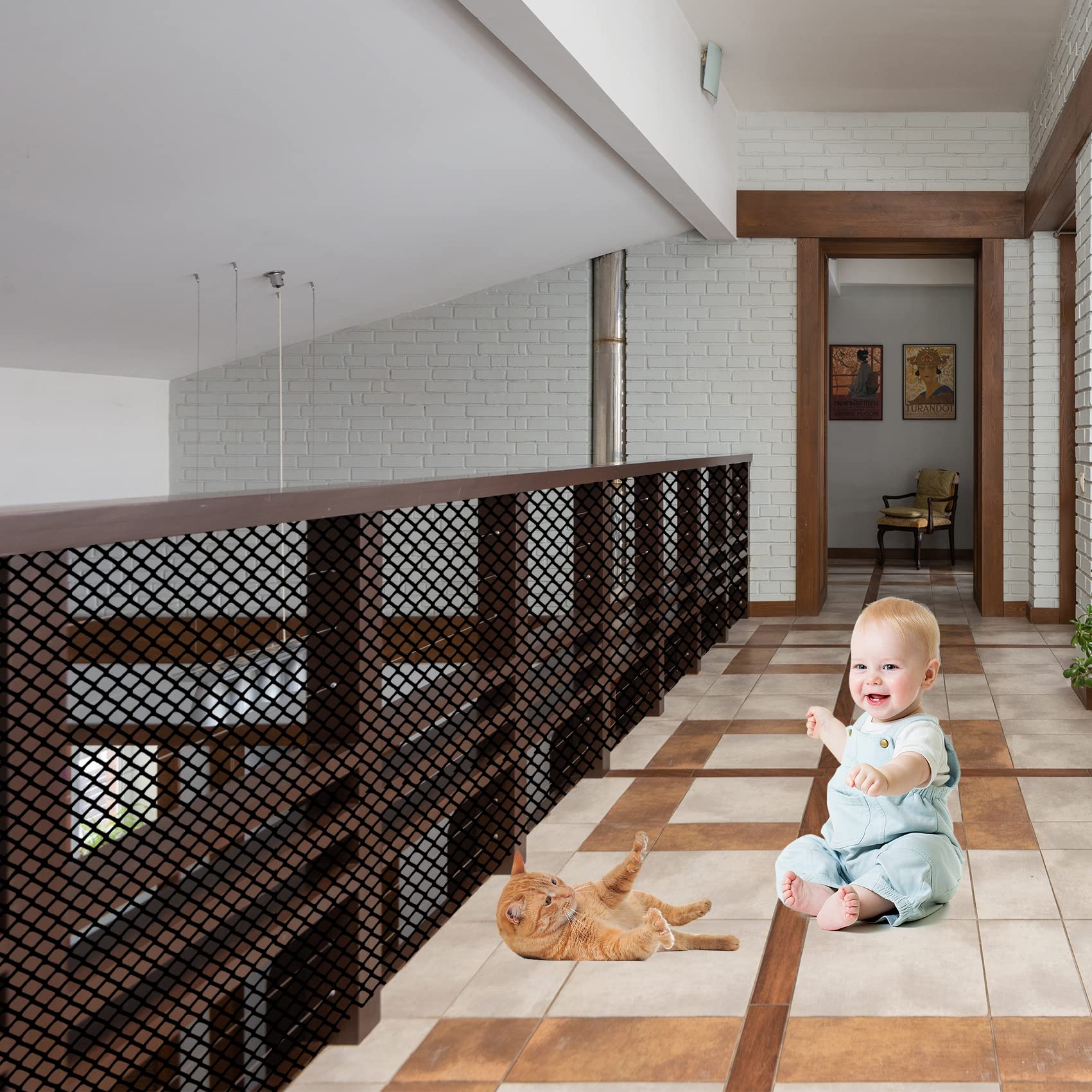 JIFTOK Baby Gate for Stairs, Banister Guard for Kids, Pets, Toys, 32.8ft L x 2.66 ft H, Mesh Netting Safety Net for Balcony Rail