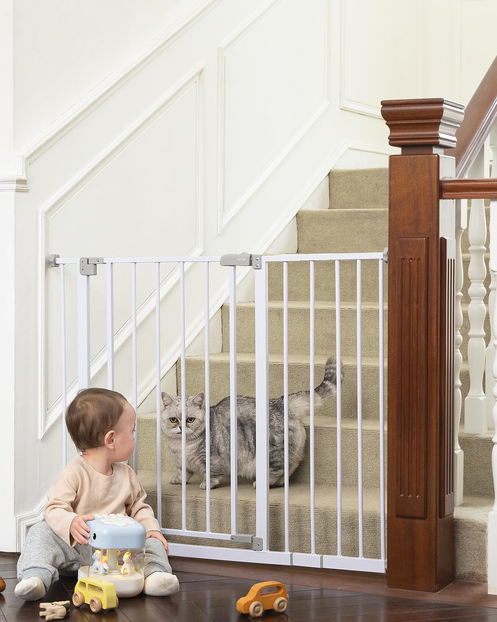InnoTruth 28.9-42.1 Wide Baby Gate for Stairs & Doorways, 30 Tall Pressure Mounted Dog Gates for Stairs Expandable One-Hand Open