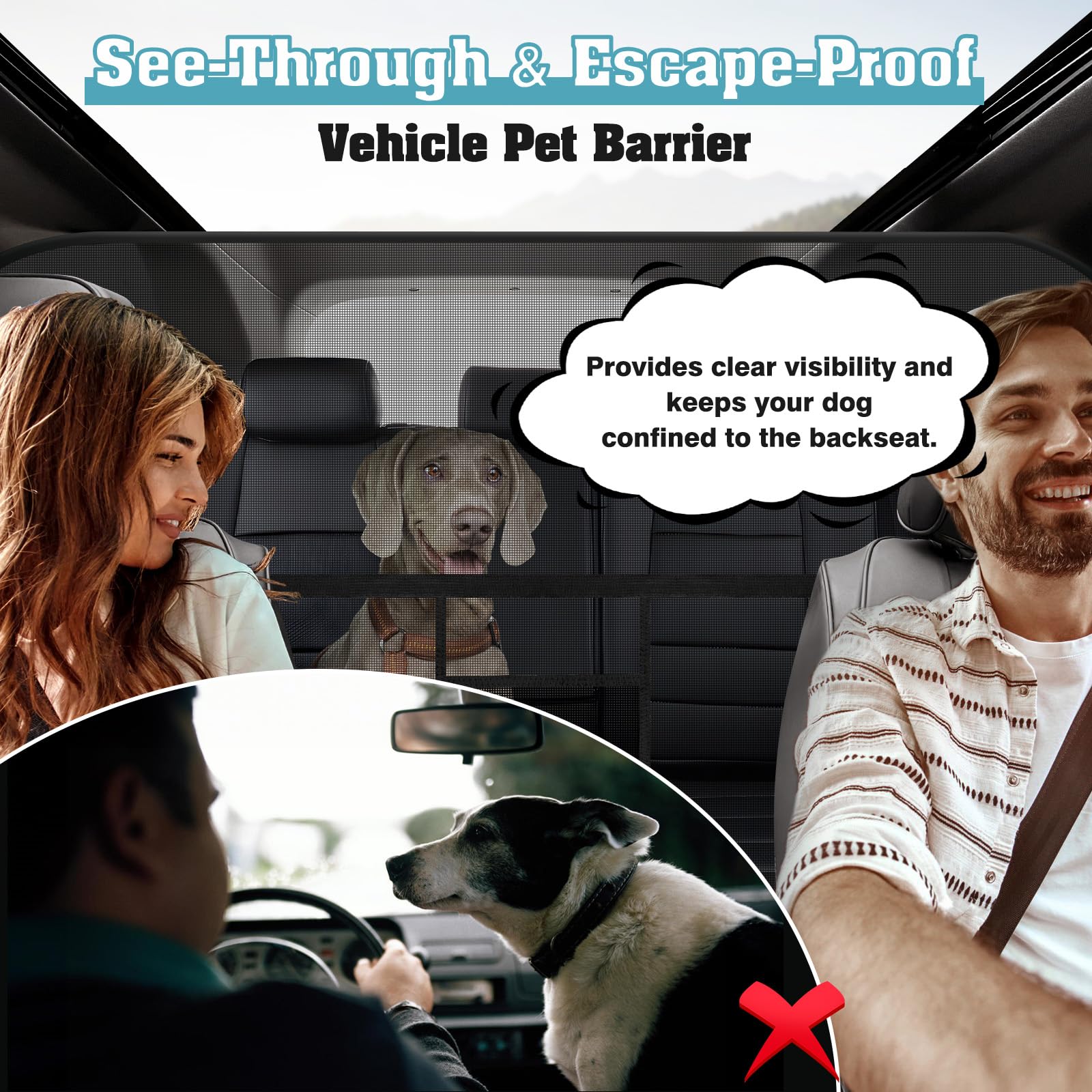 Mixsuper Dog Car Barrier, 51.2'' Wide, Compact Crossover And Sedan, One-Piece Escape-Proof Back Seat Mesh Dog Car Net Barrier Bl